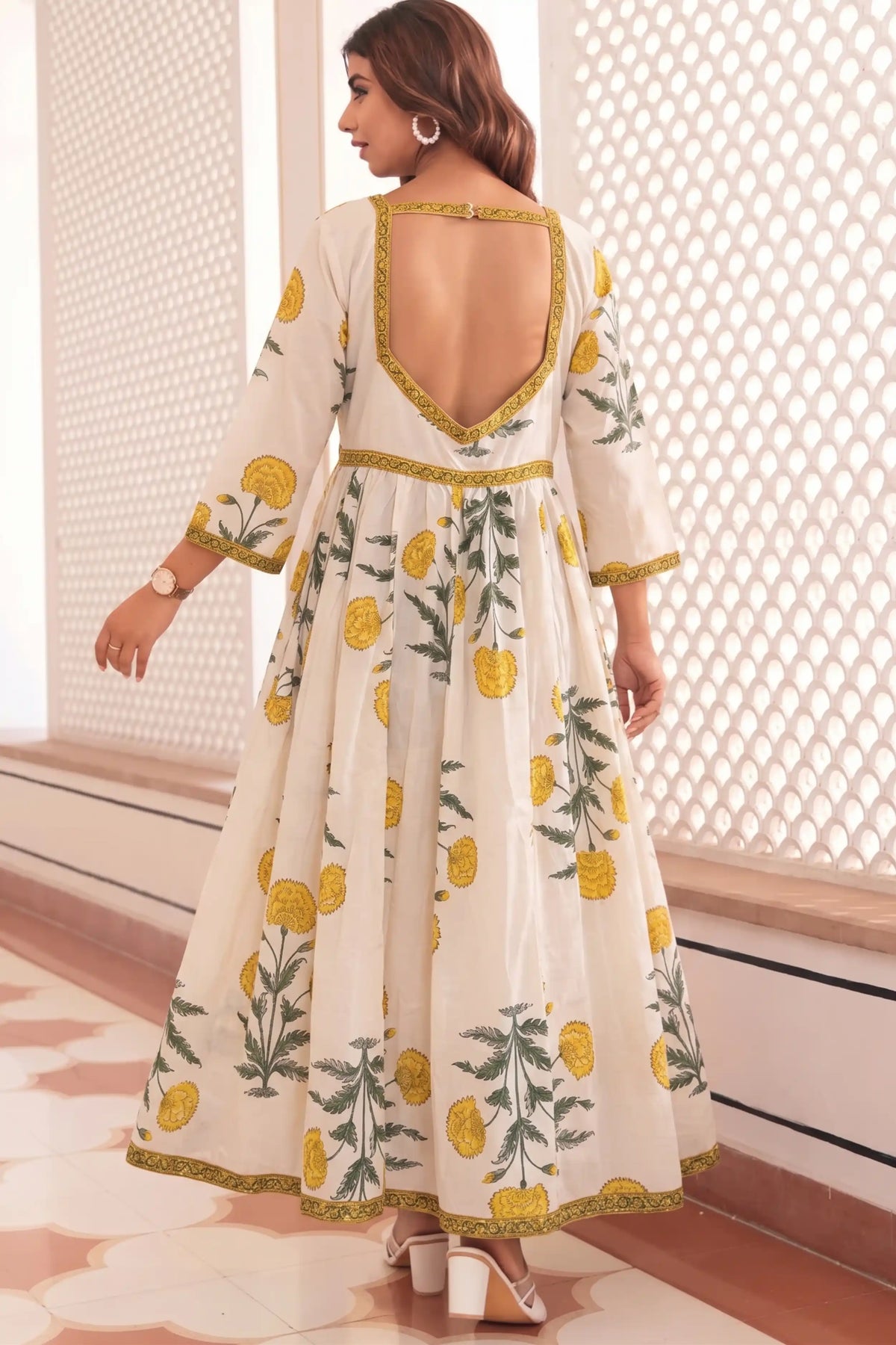 Yellow Hand-Printed Anarkali Maxi Dress