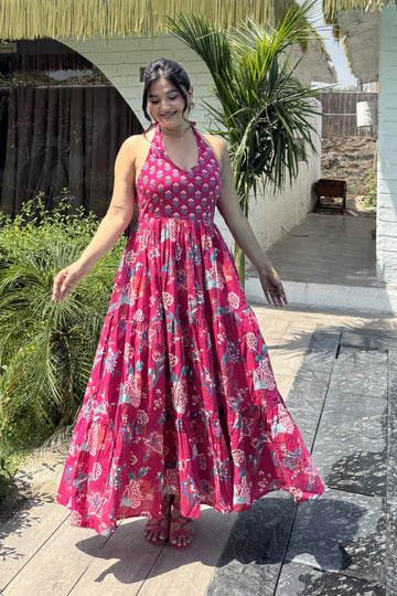 Pink Floral Hand Printed Halter Maxi Dress