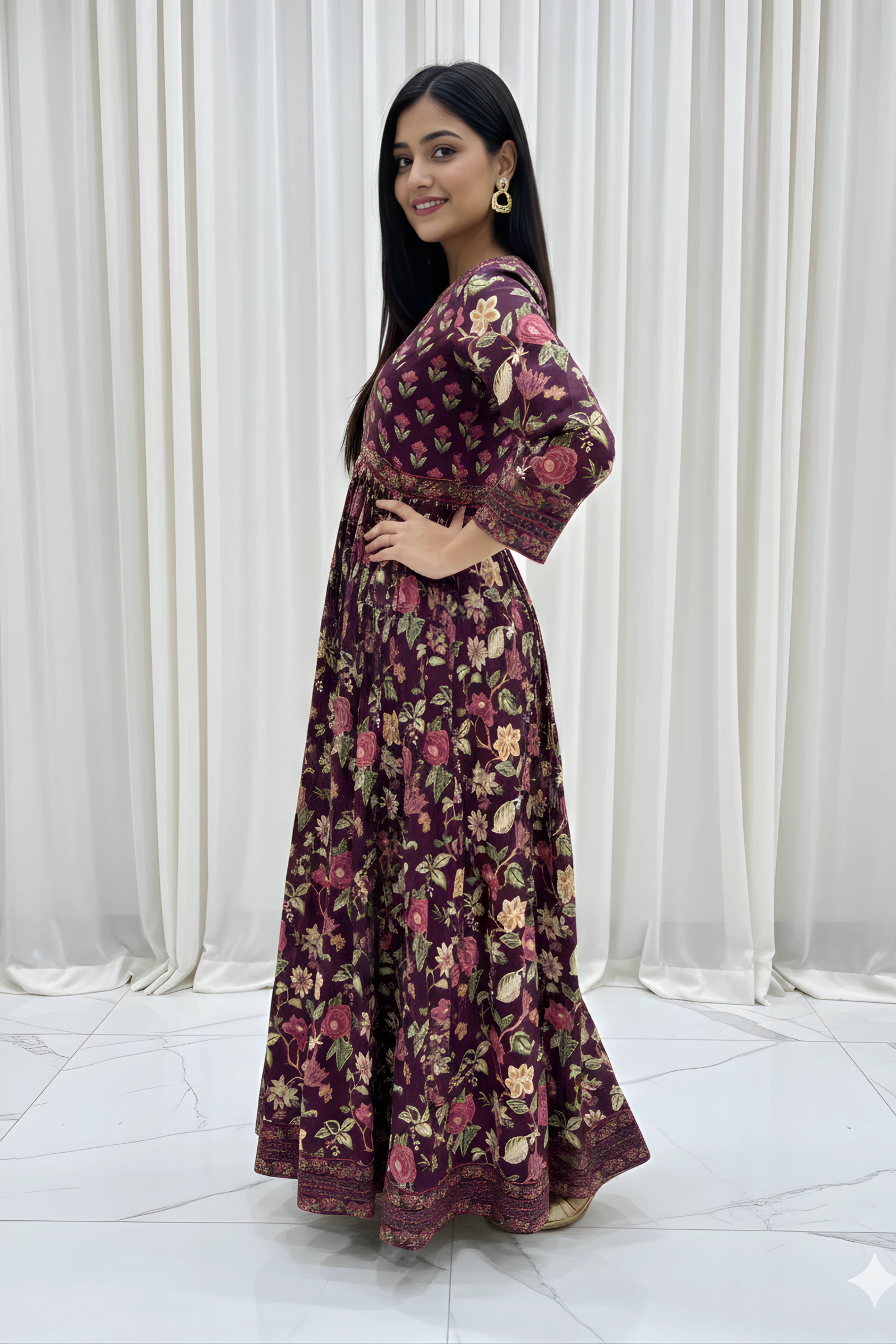 Burgundy Flared Anarkali Cotton Kurta with Floral Print