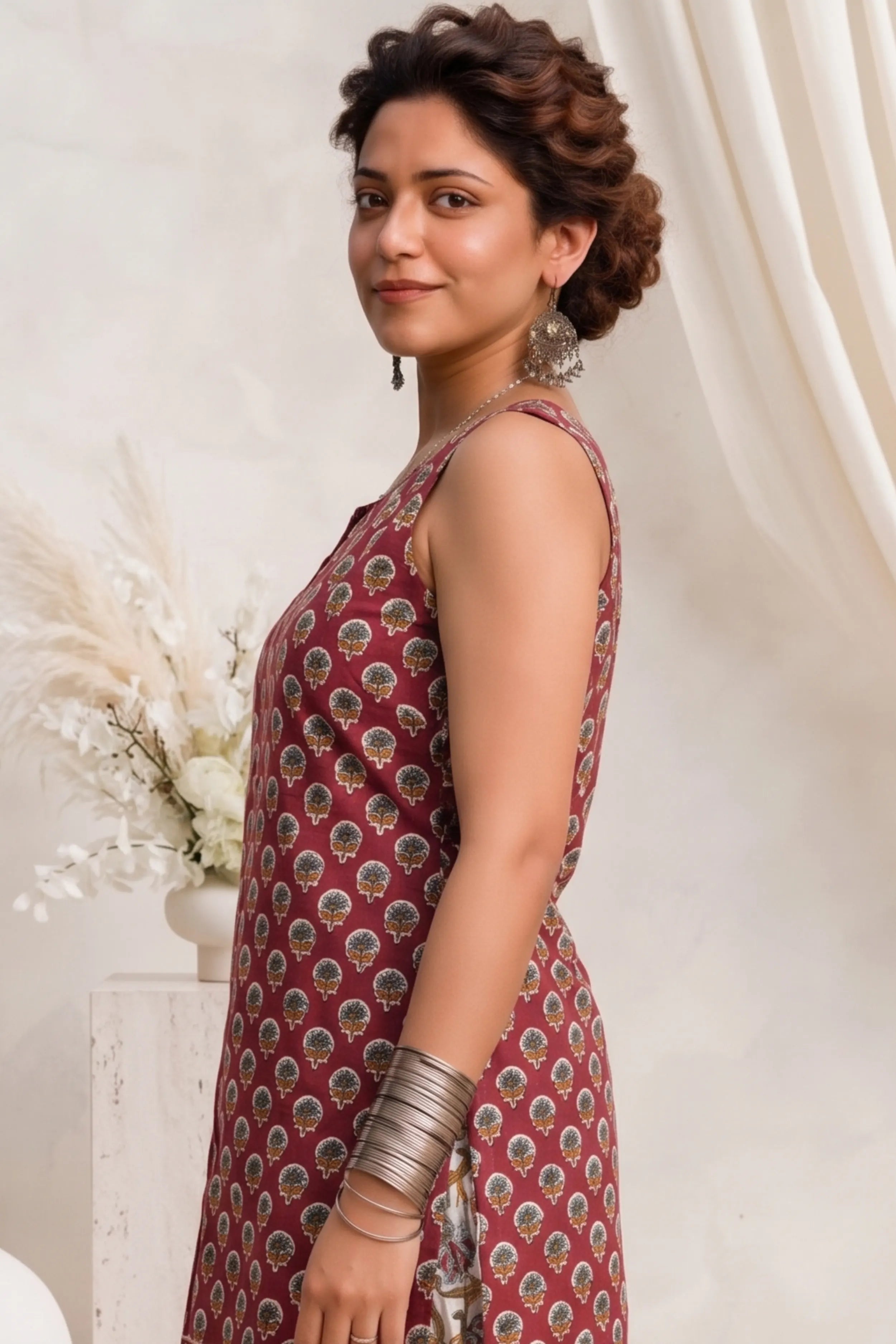 Red Sleeveless Round Neck Kurti with Trouser