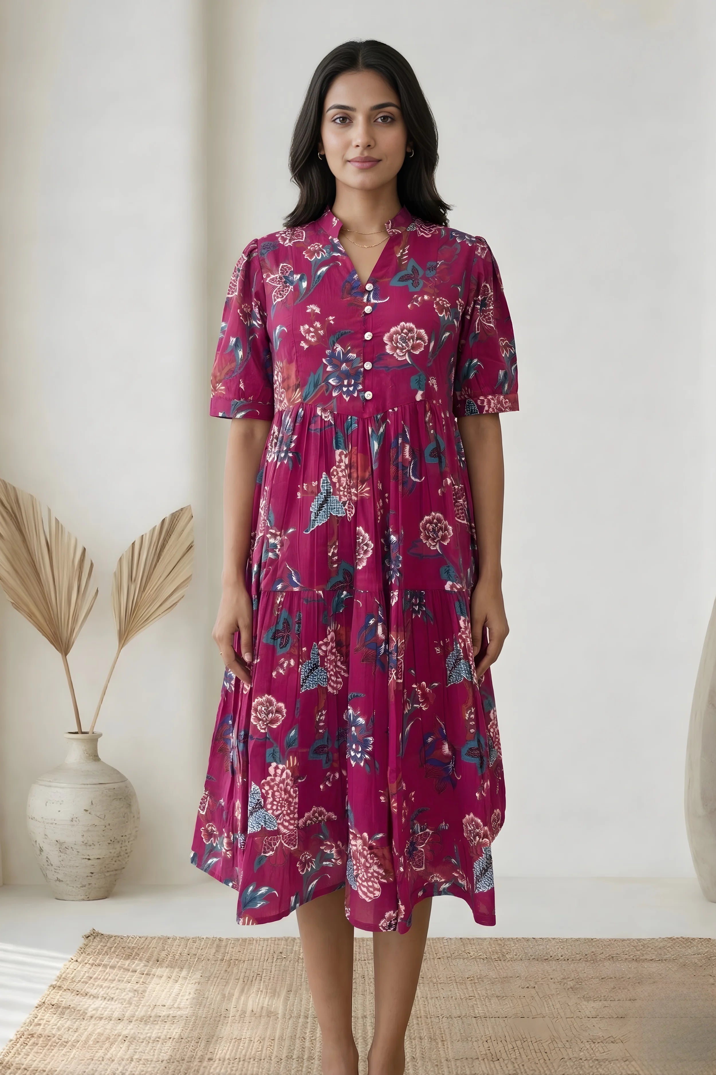 Pink Floral Printed Tiered Fit & Flare Cinderella Dress