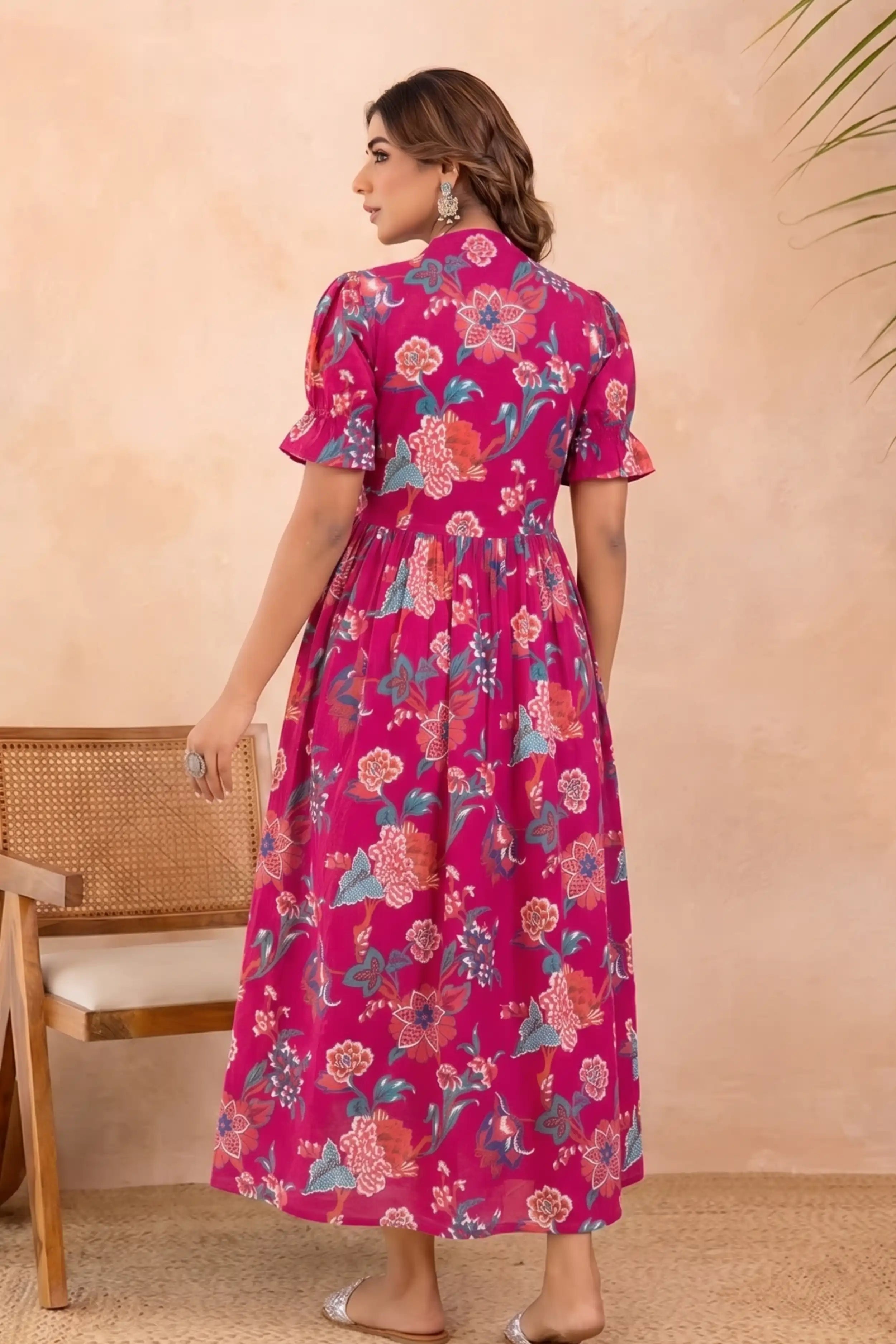Pink Hand Printed V-Neck Front-Open Long Dress