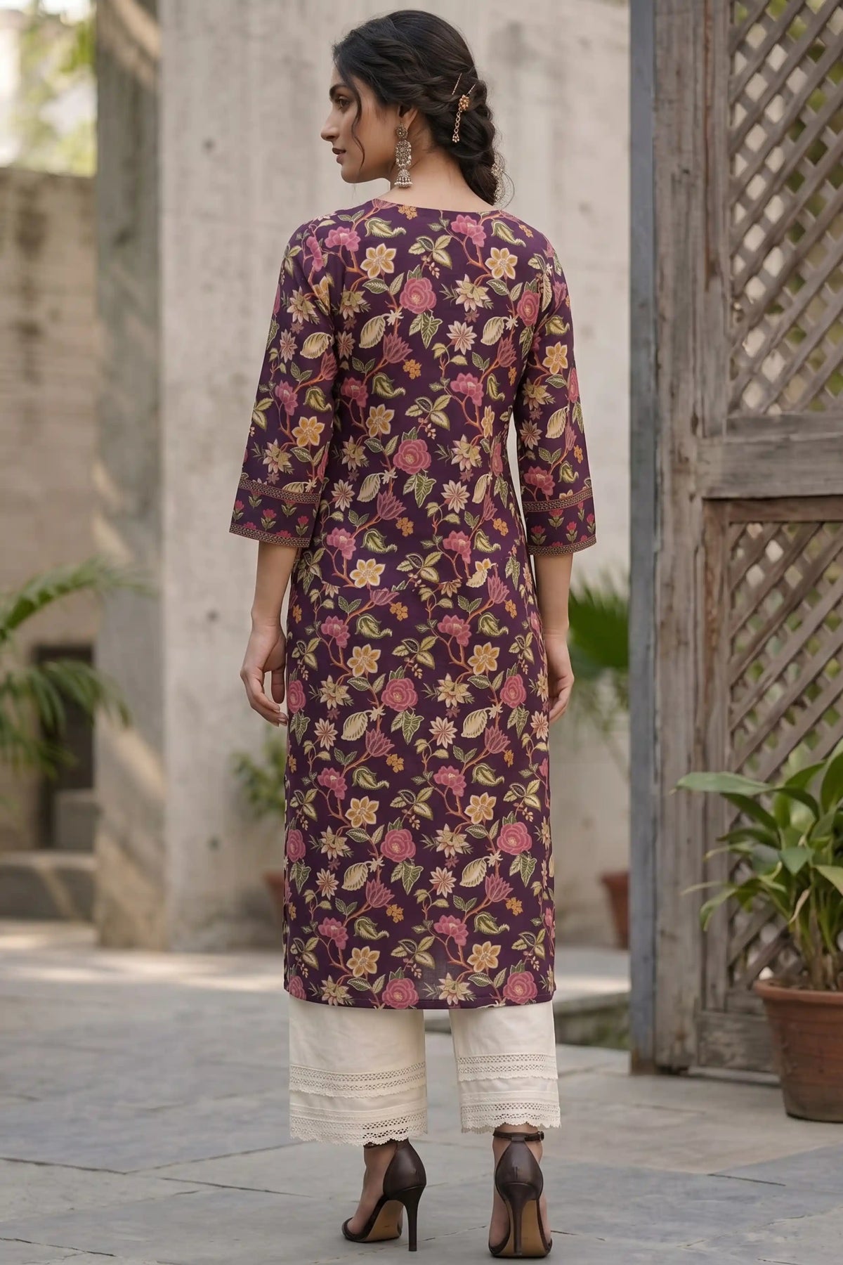 Burgundy Hand Printed Straight cotton Kurta