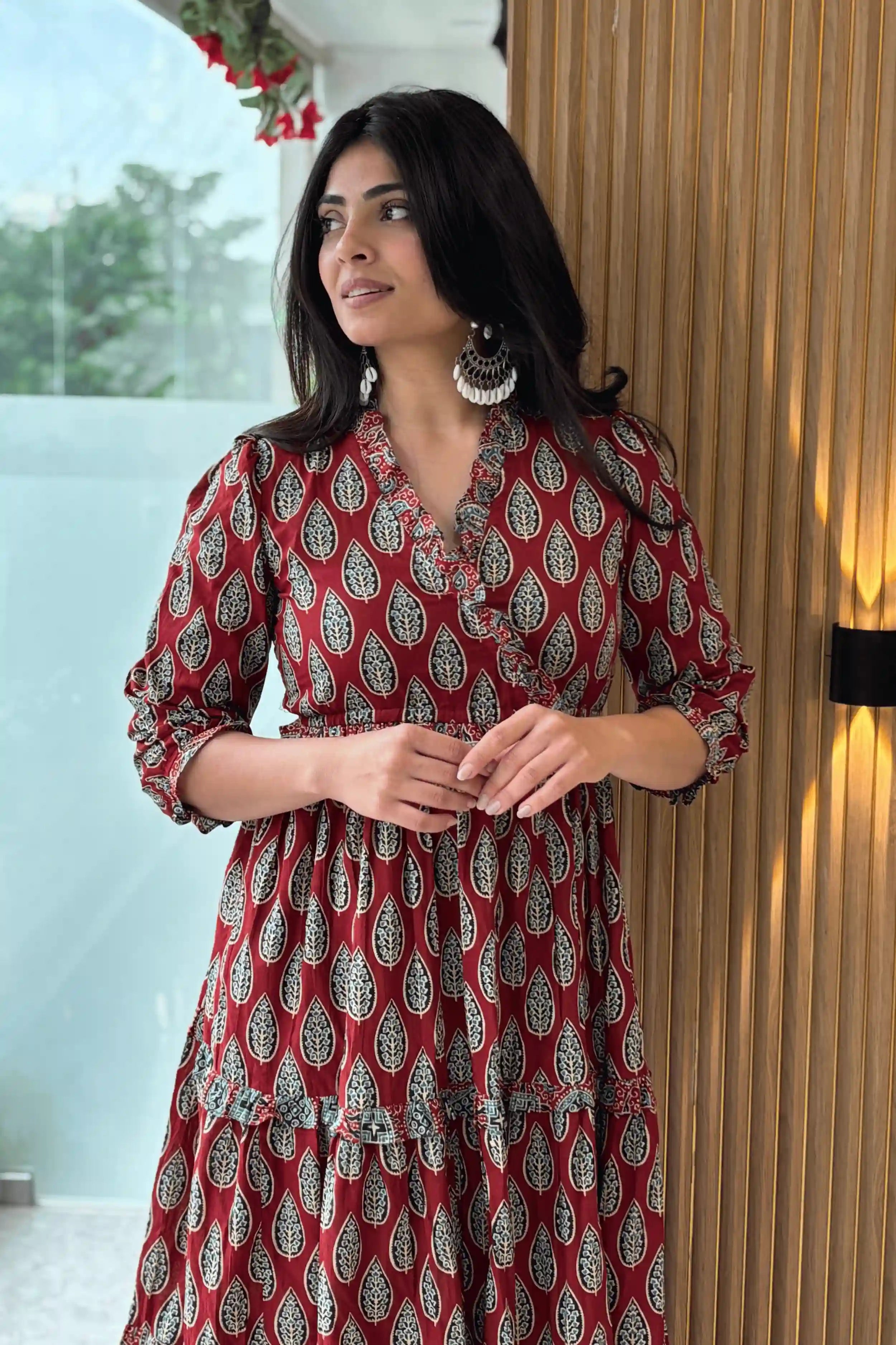Red Hand Printed Tiered Maxi Dress