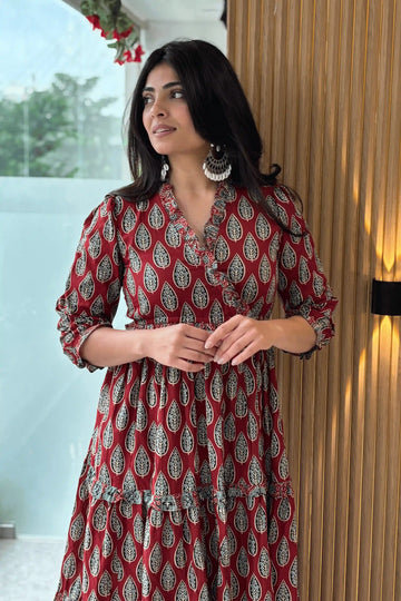 Red Hand Printed Tiered Maxi Dress