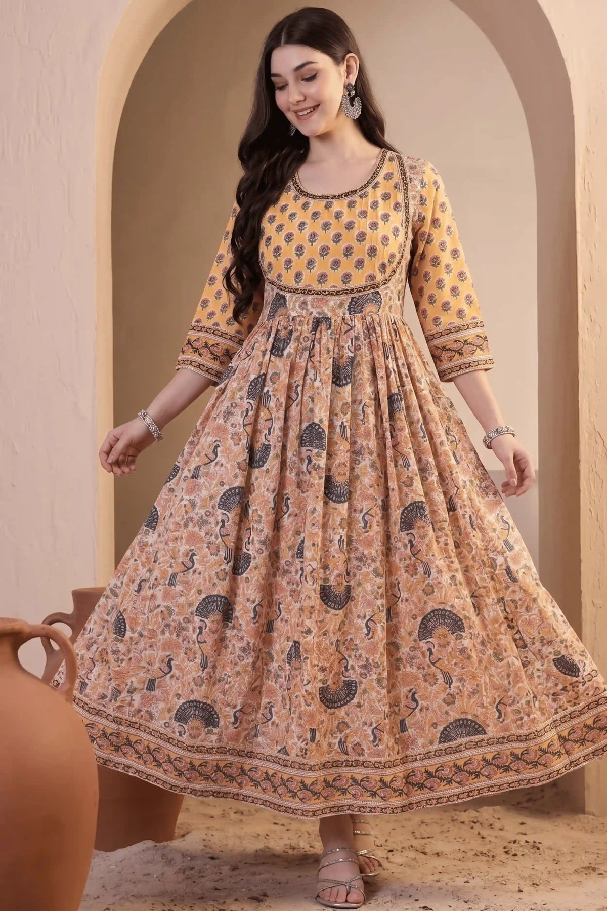 Yellow Hand Block Printed Anarkali Dress with Peacock Motifs