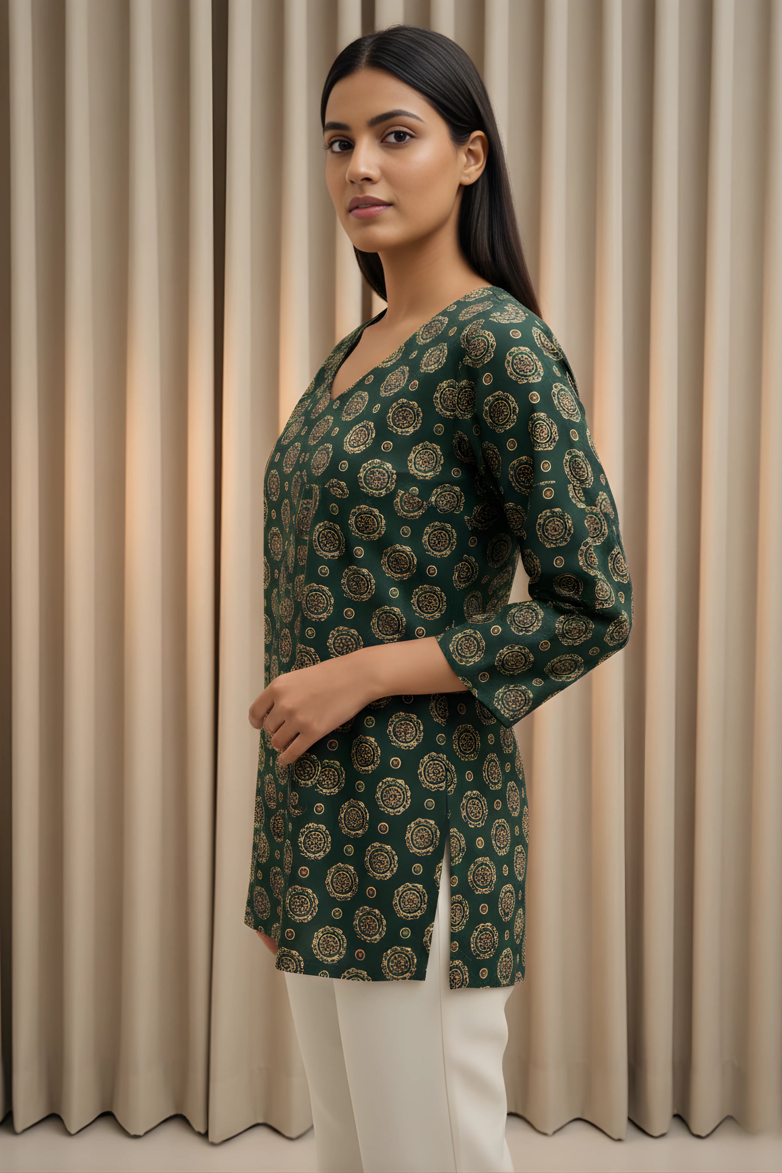 Green Hand Printed Short Kurti