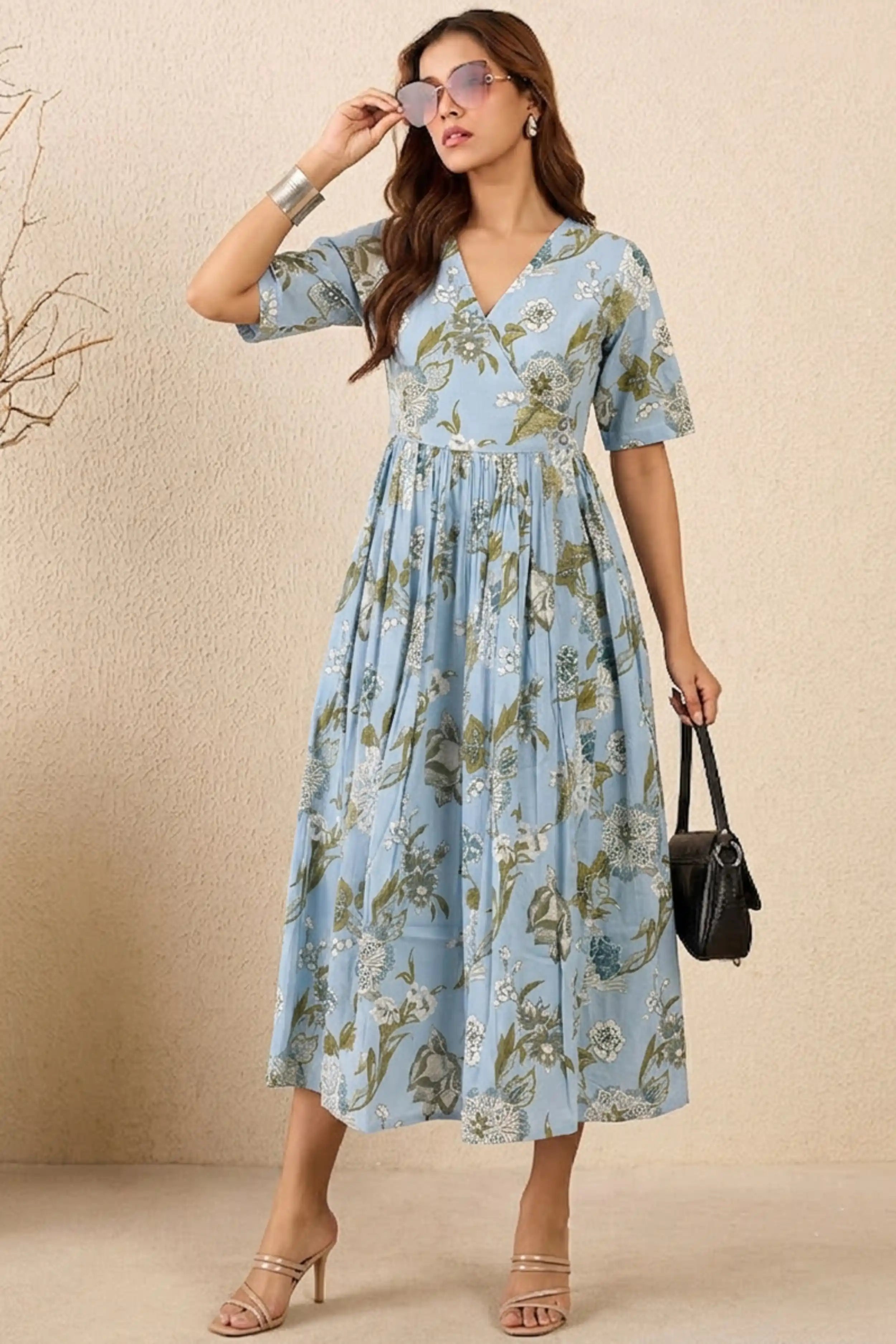 Blue Hand Printed V-Neck Midi Dress In Angrakha style