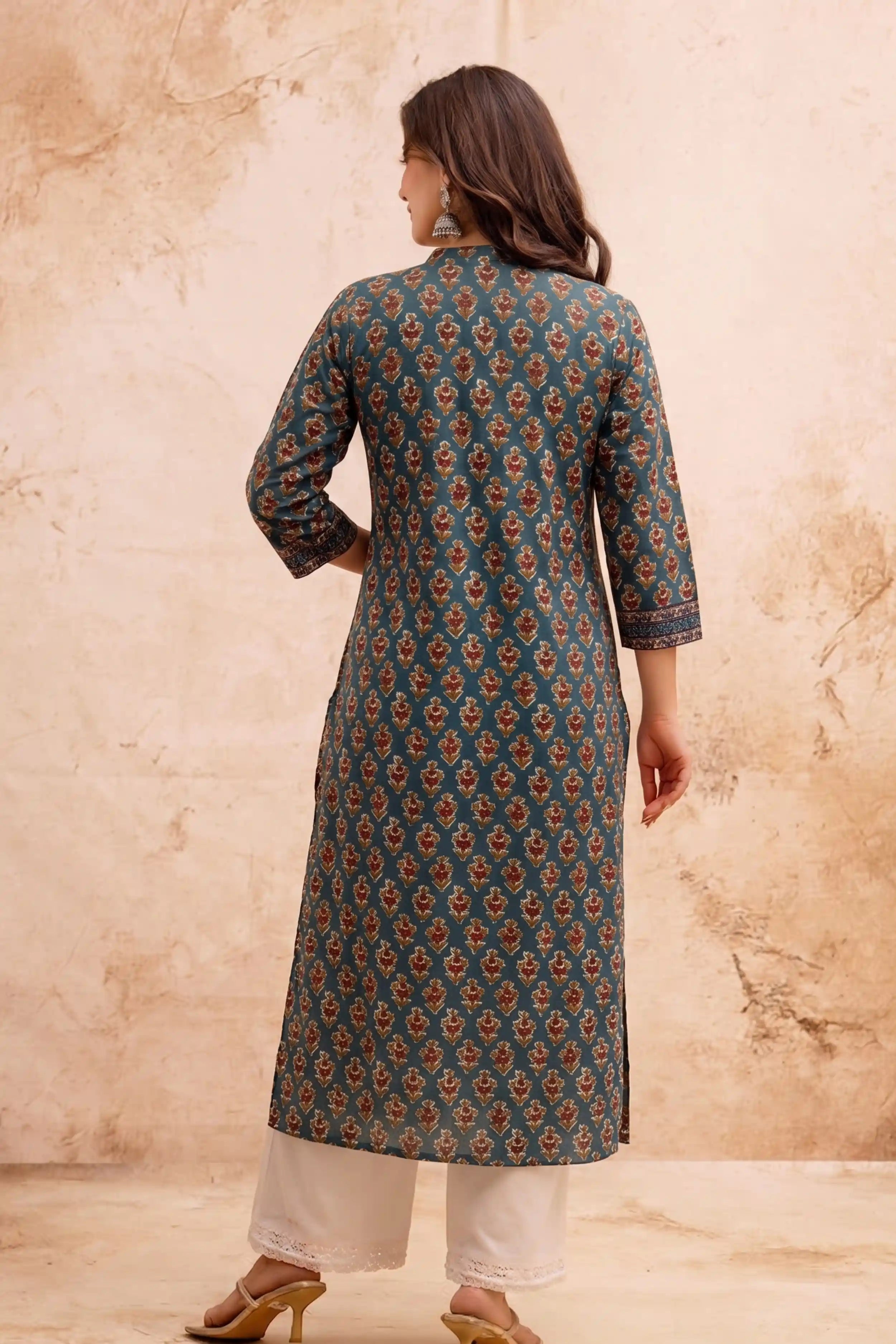 Green V-Neck Hand Printed Straight Kurta