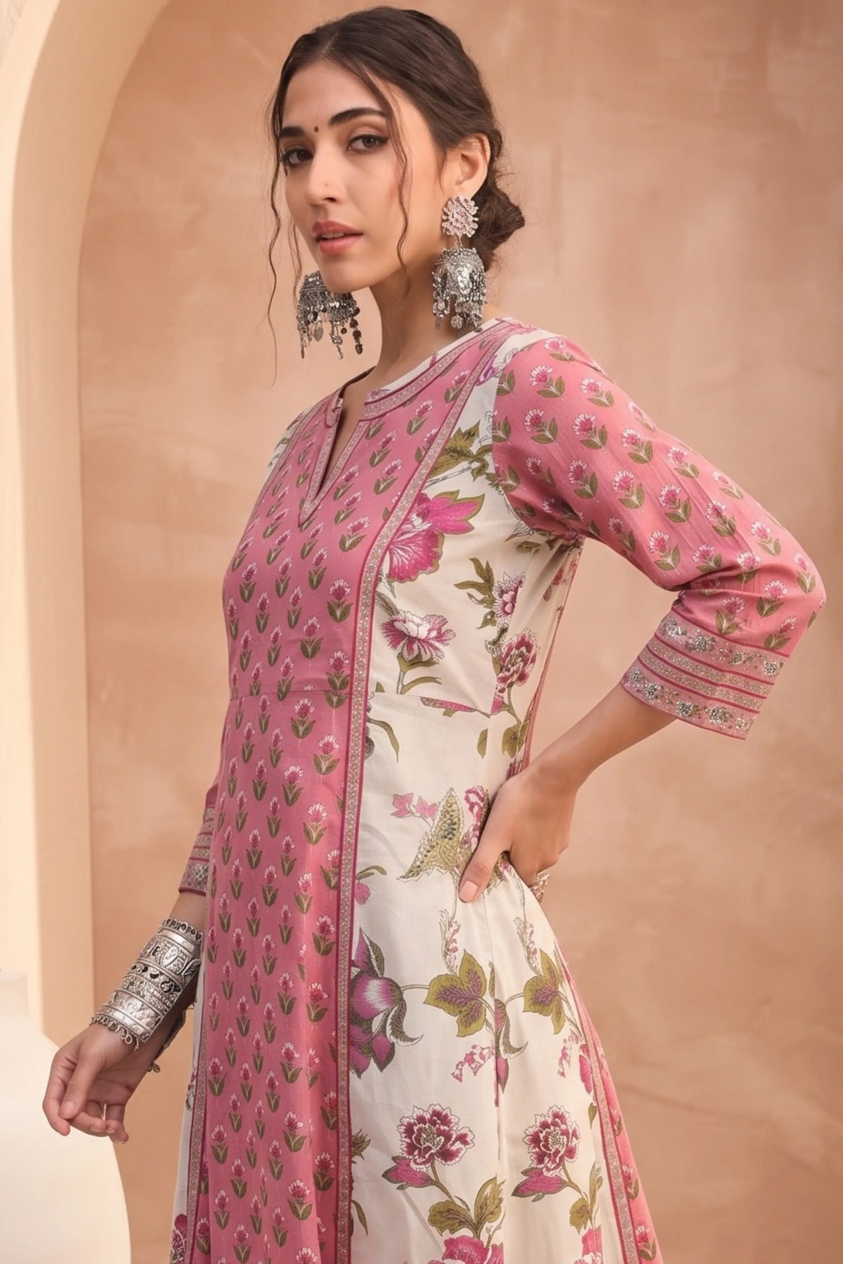 Light Pink Hand Printed A-line Kurta