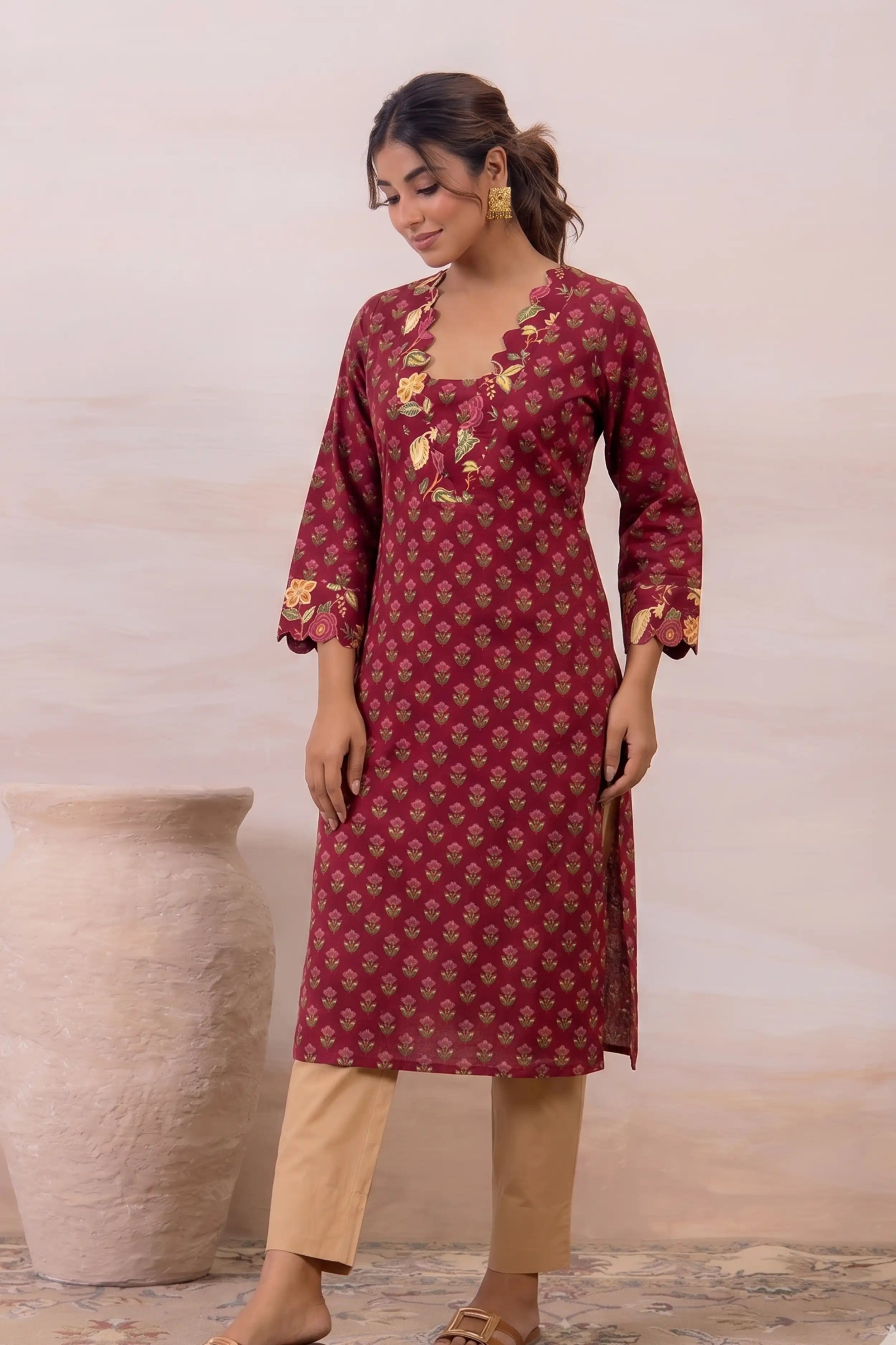 Wine Floral Printed Cotton Straight Kurta