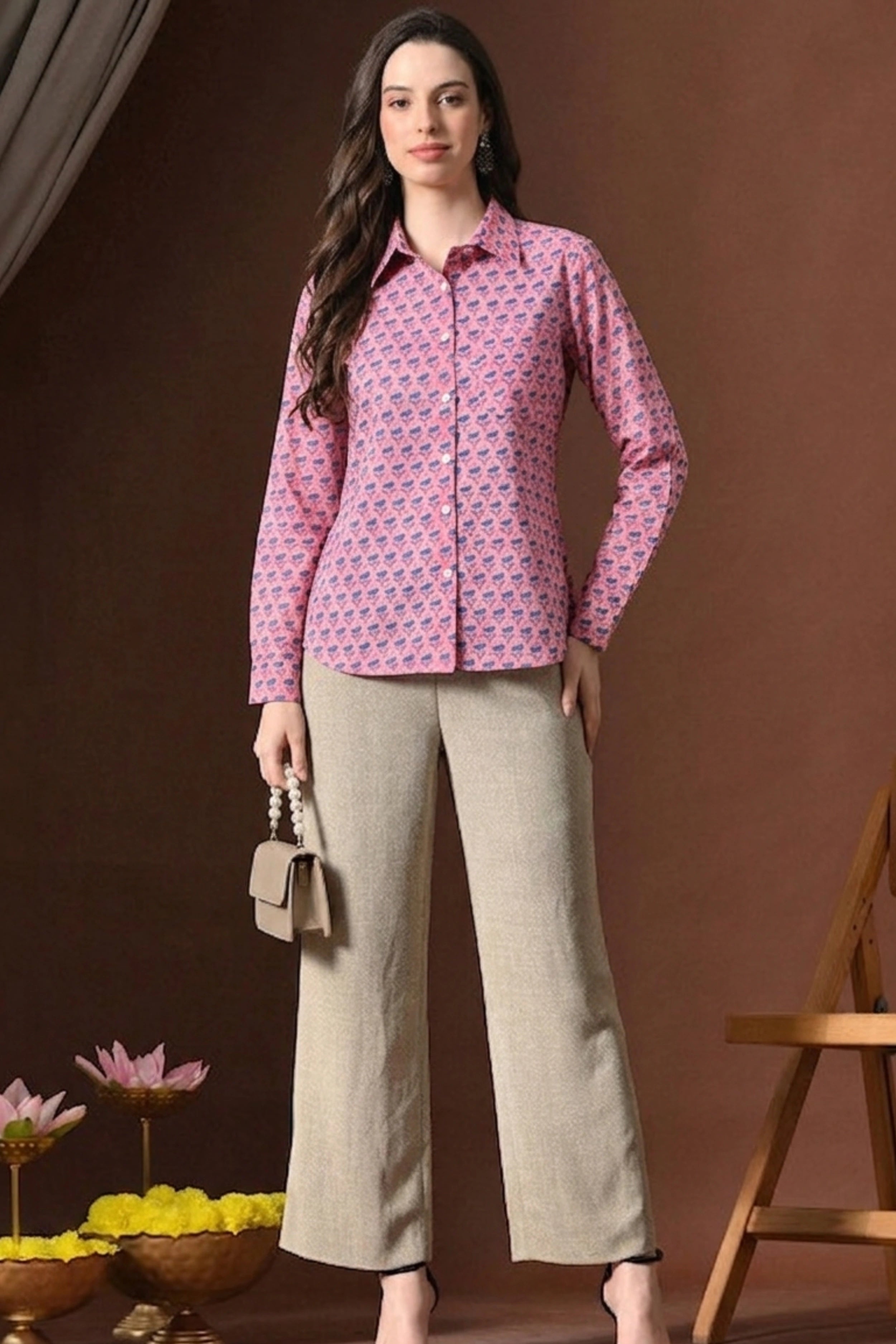 Dusty Rose Hand Block Printed Collared Shirt