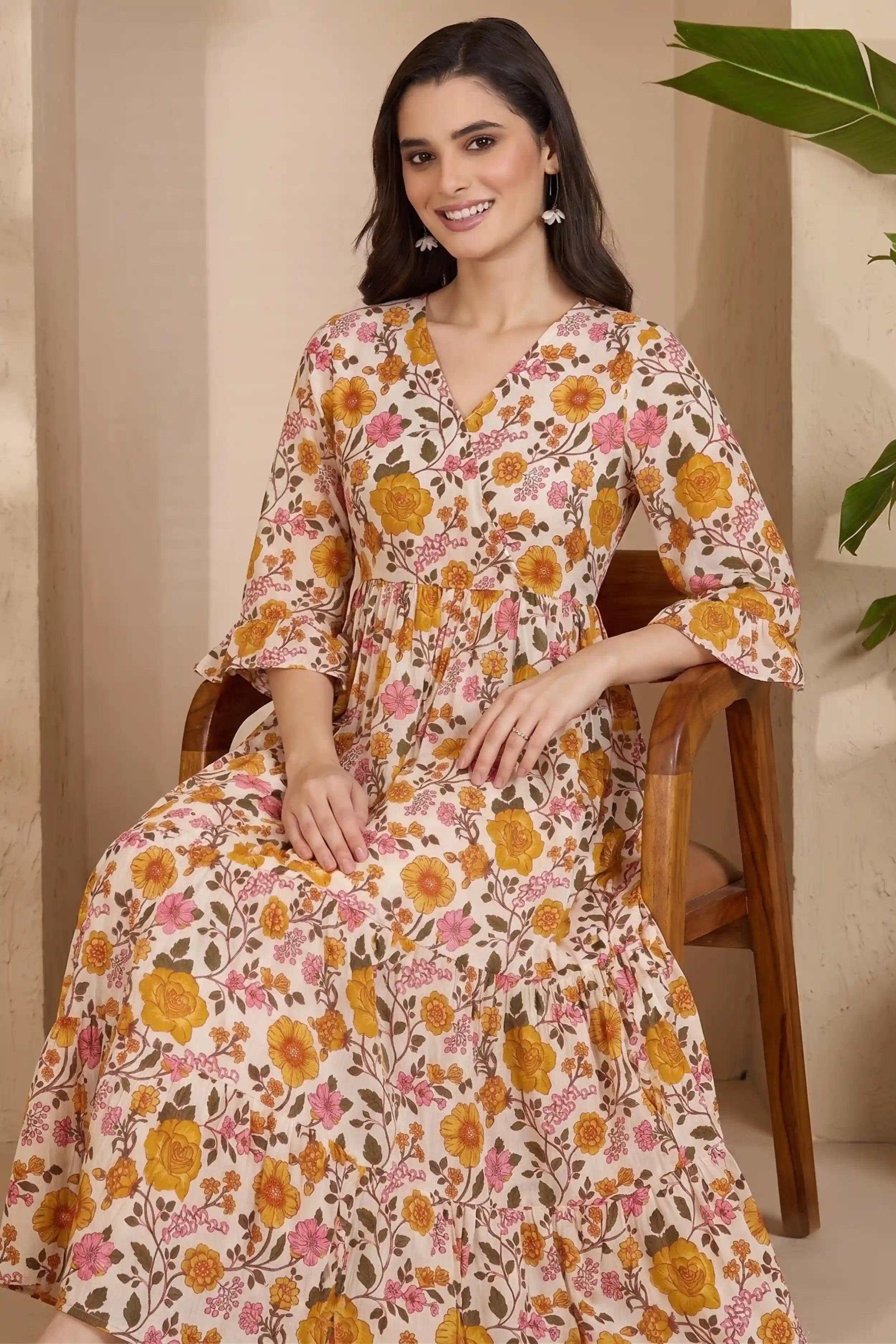 Yellow Long Printed Tired Dress With Gather
