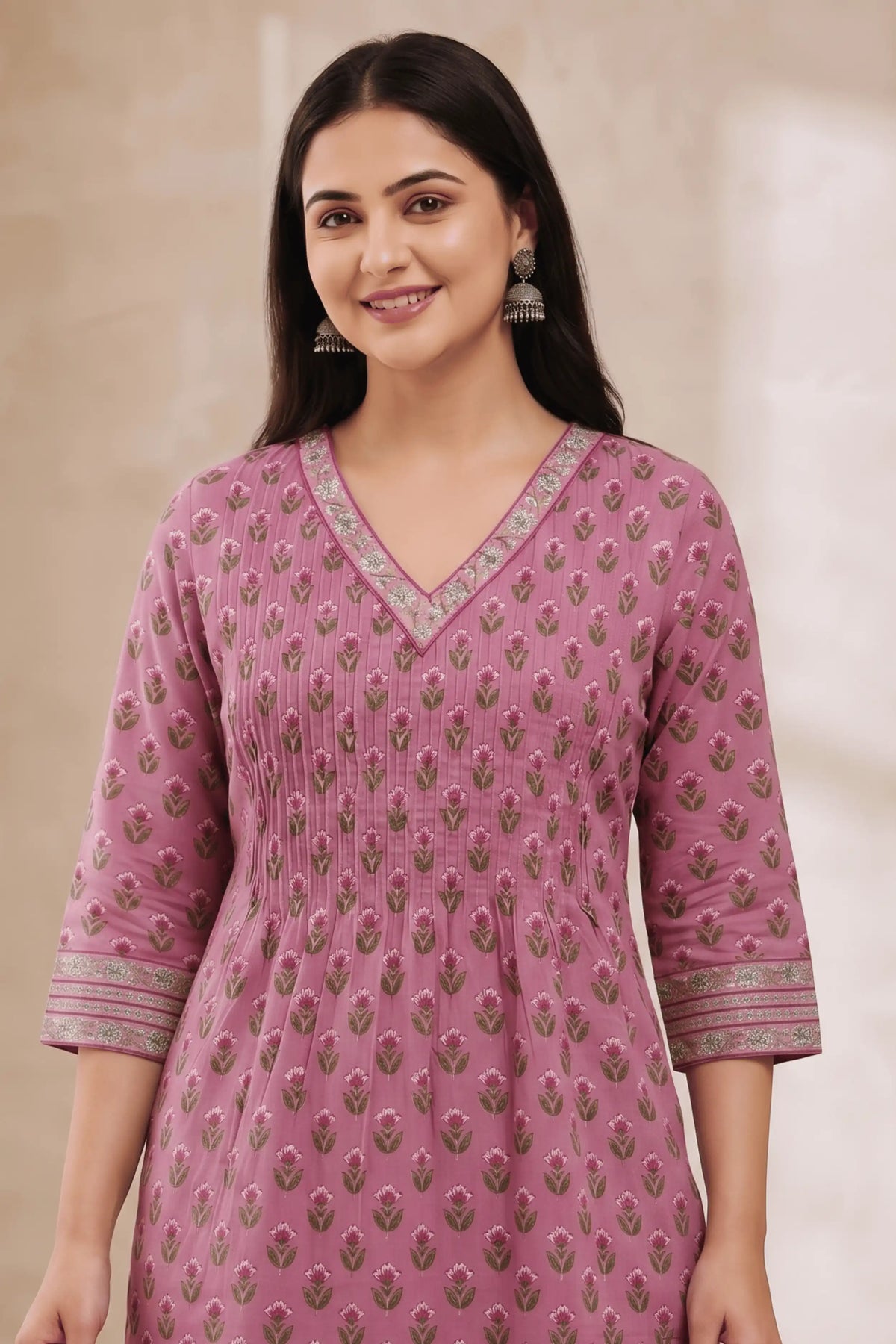 Pink V neck Hand Printed Kurta Set (2 PCS)