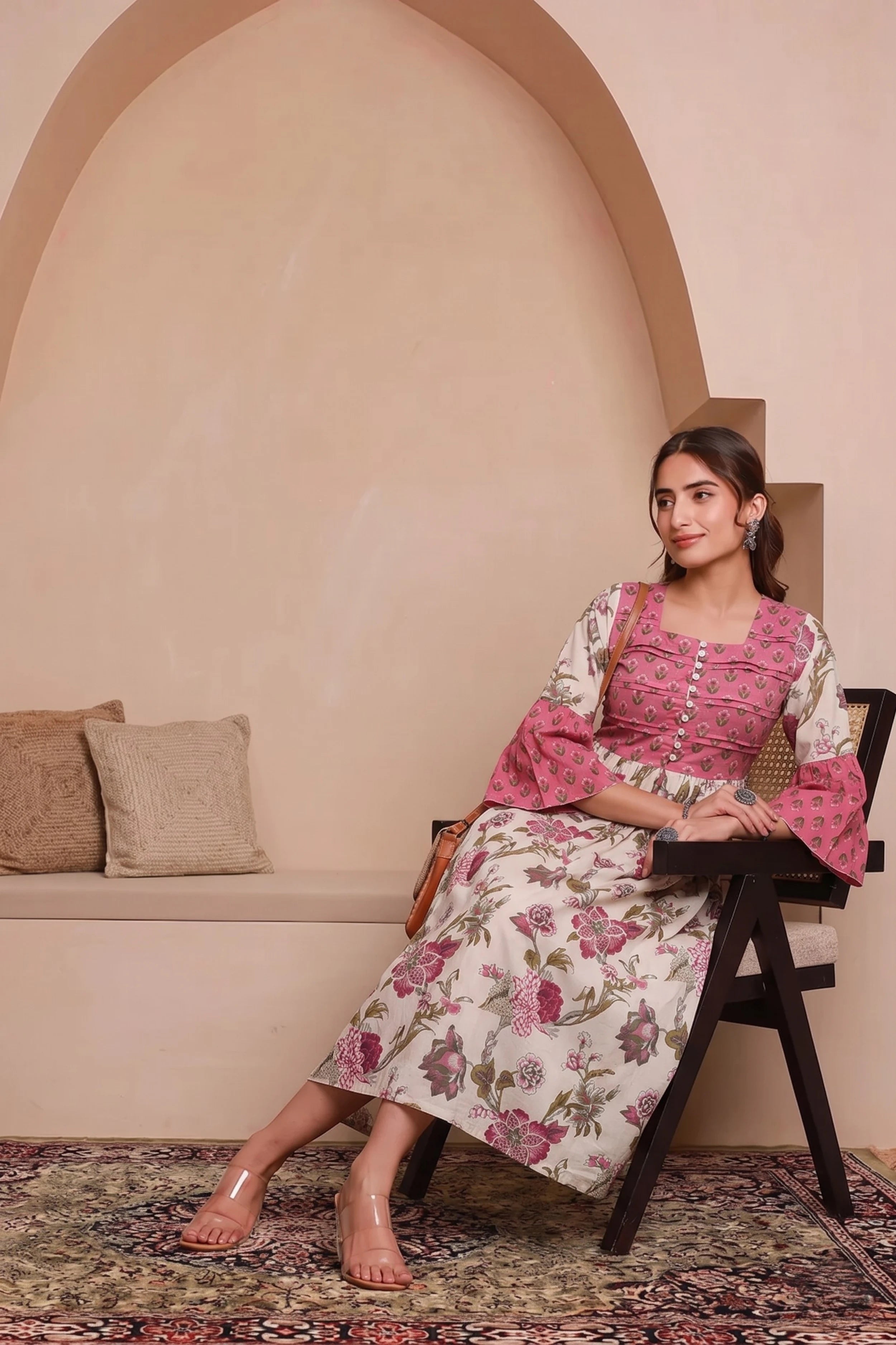 Pink Hand Printed Floral Midi Dress with Square Neck