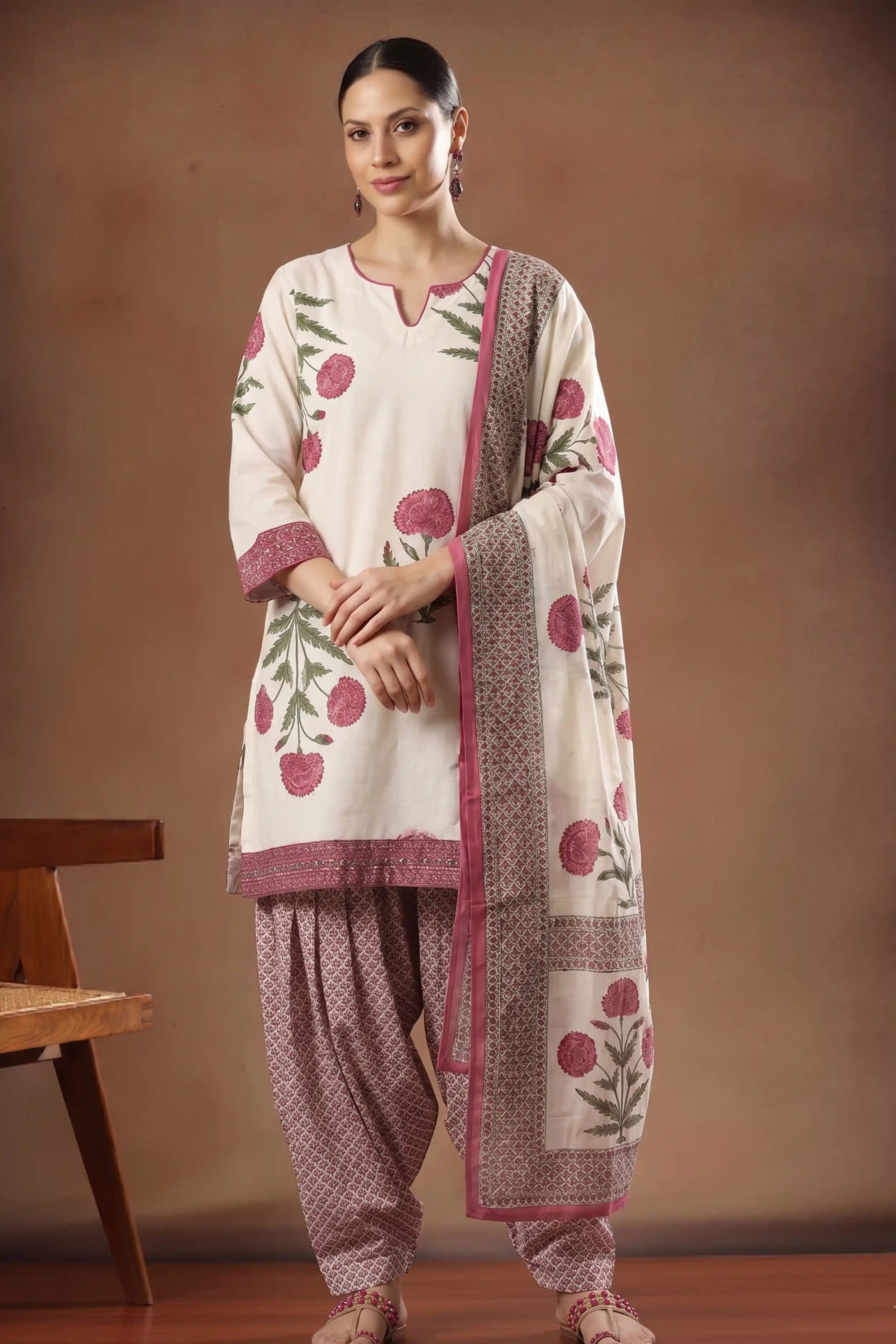 Pink Floral Print Pure Cotton Farsi Salwar Set With Cotton Dupatta