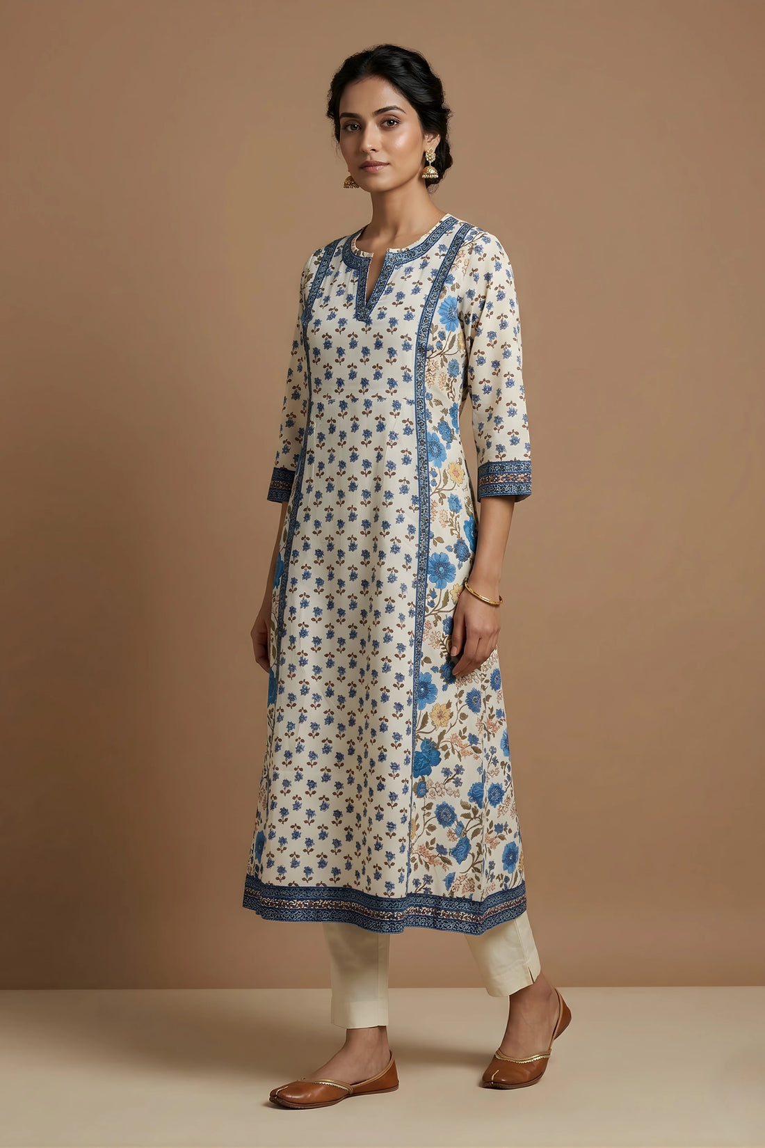 Blue Hand Printed A-line Kurta