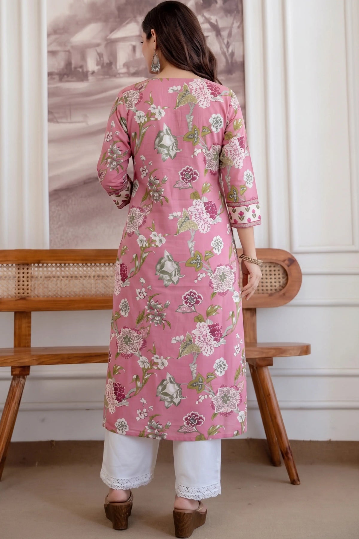 Cream Pink Hand Printed Straight cotton Kurta