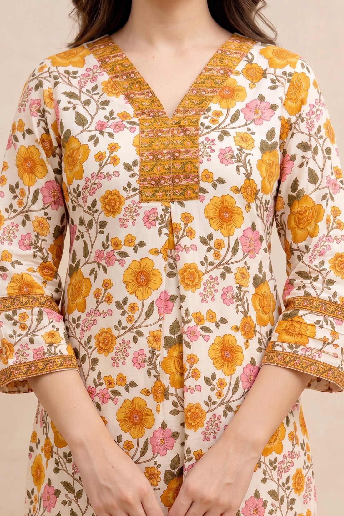 Yellow Floral V-Neck Hand Printed Straight Kurta