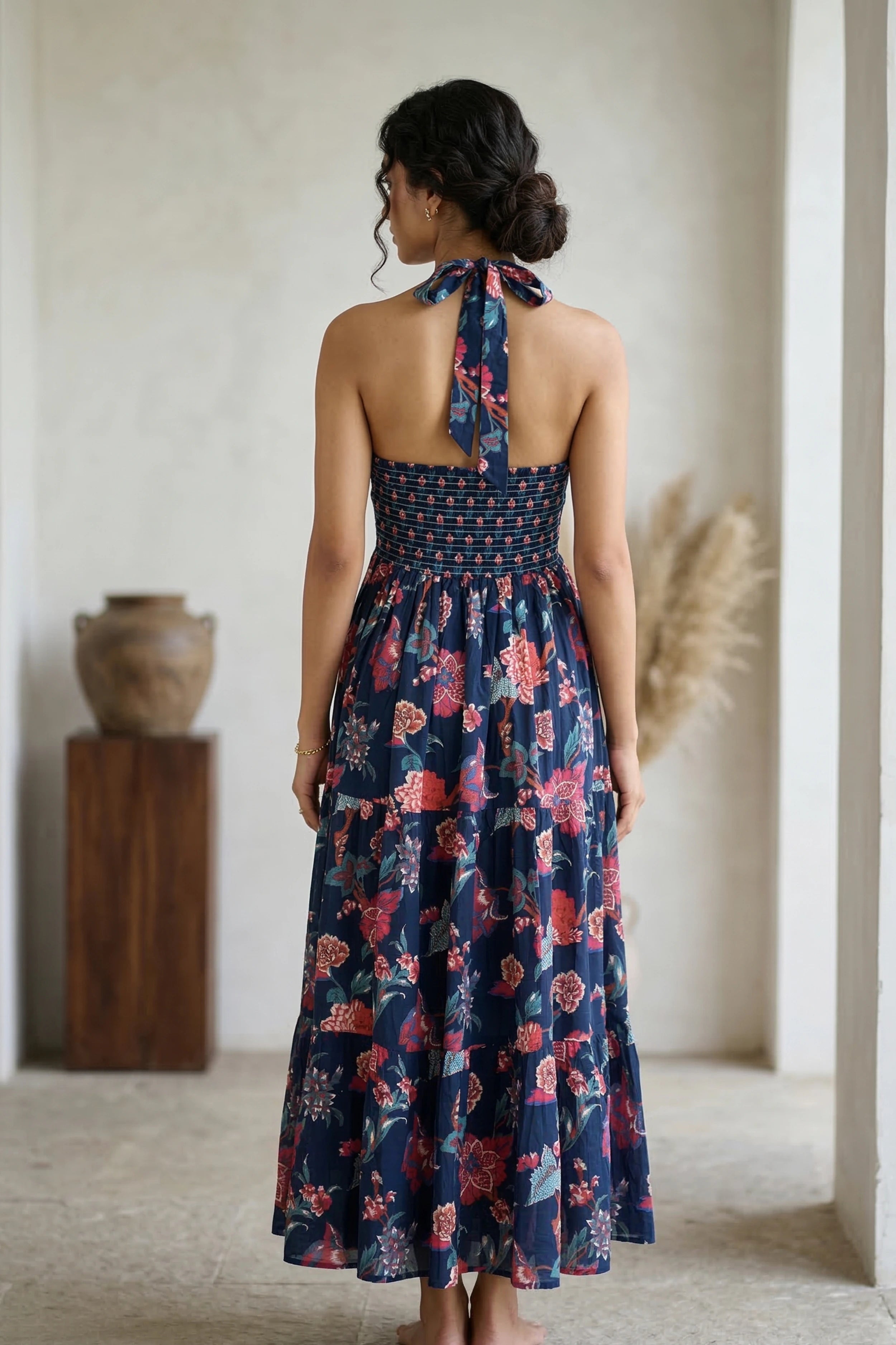 Blue Floral Hand Printed Halter Maxi Dress