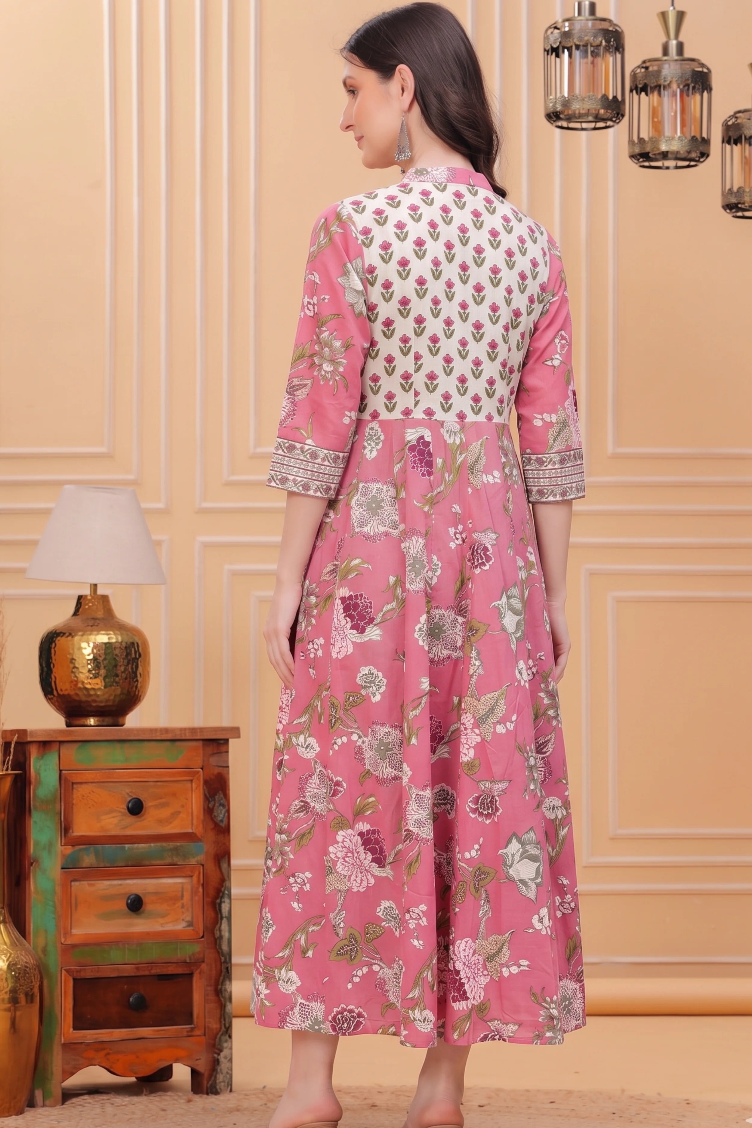 Pink Floral Hand Printed Anarkali Maxi Dress