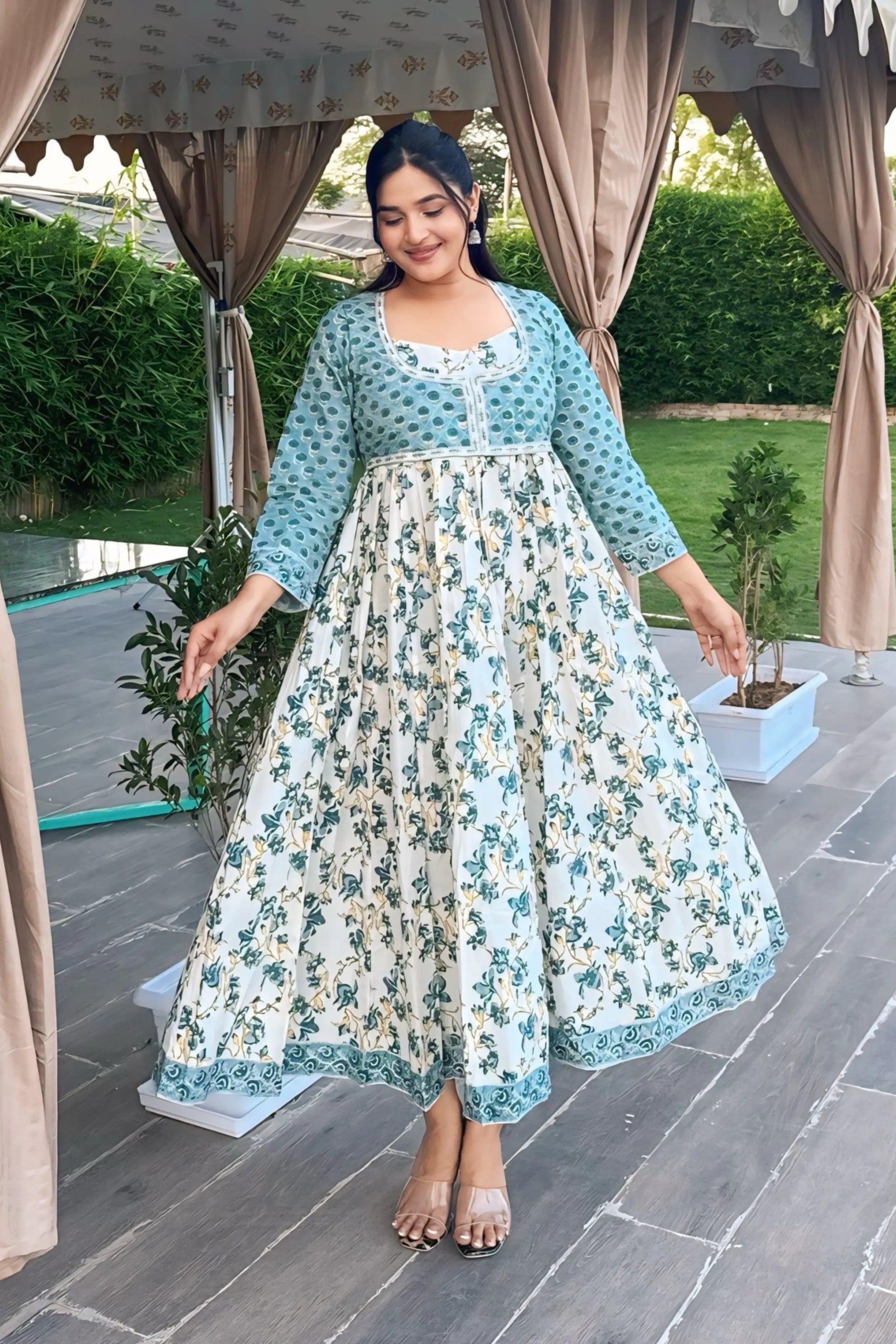 Sea Green Hand Block Floral Printed Anarkali Maxi Kurta
