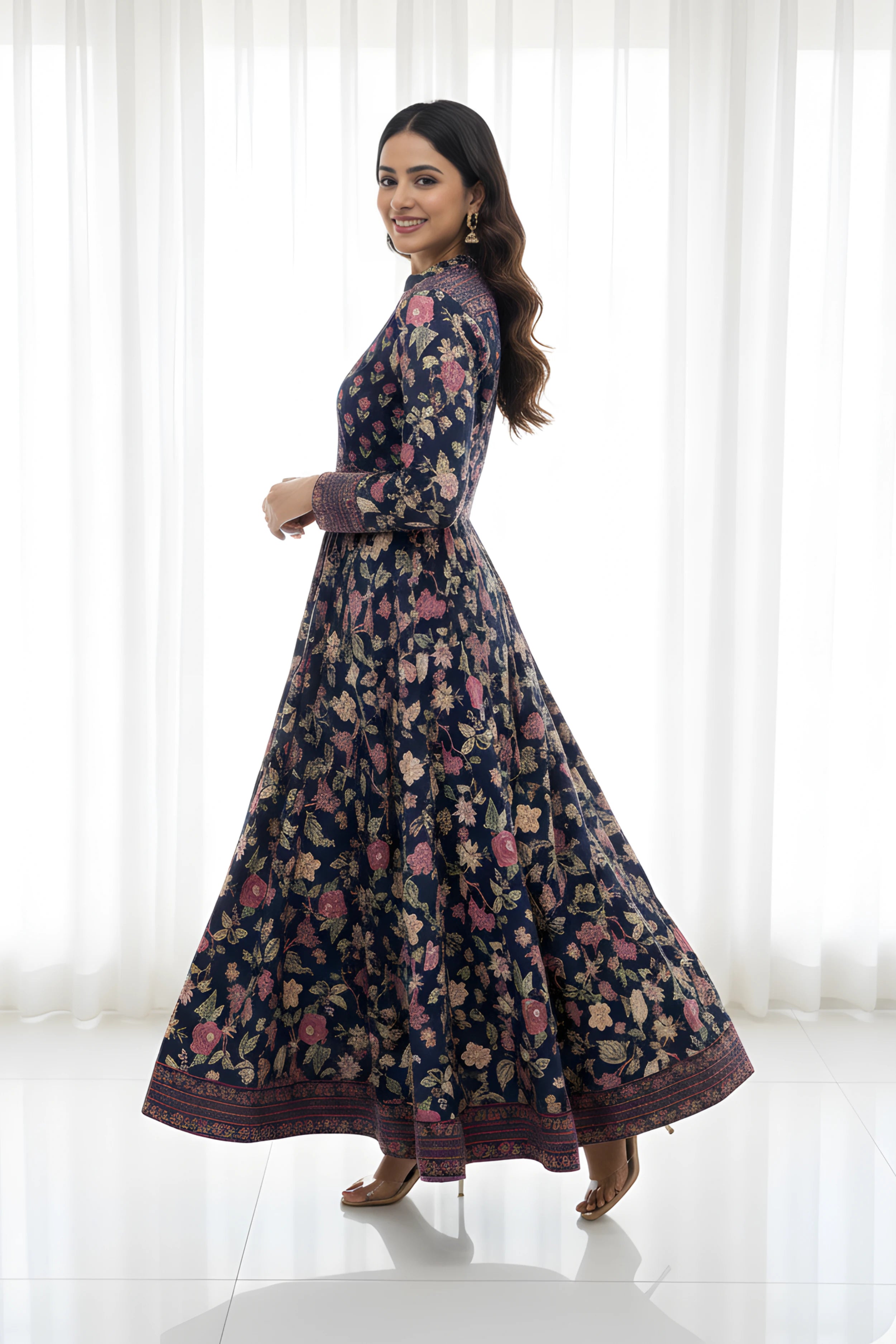 Navy Anarkali Cotton Hand Block Printed Ethnic Maxi Dress