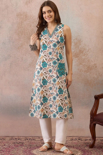 Green V-Neck Sleeveless A line kurta With Pocket