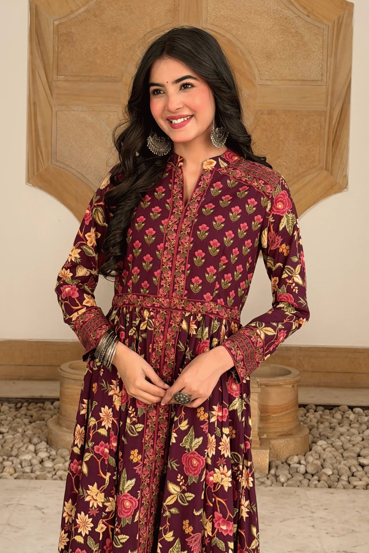 Burgundy Anarkali Cotton Hand Block Printed Ethnic Maxi Dress