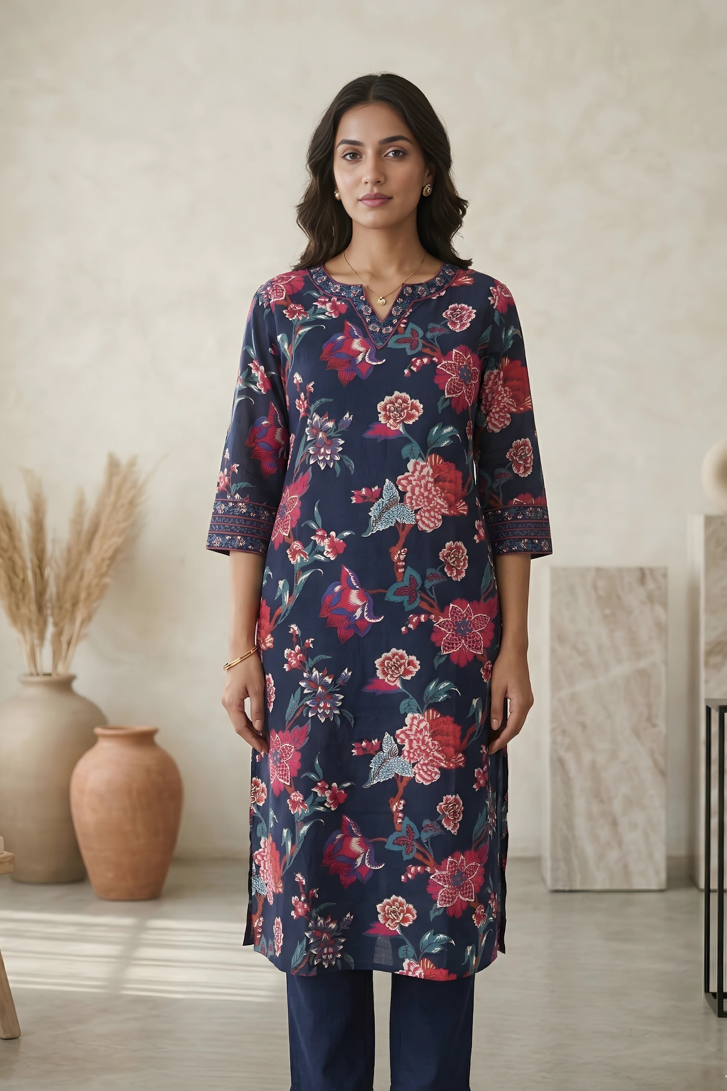 Blue Floral Hand Printed Corset Back Straight Kurta