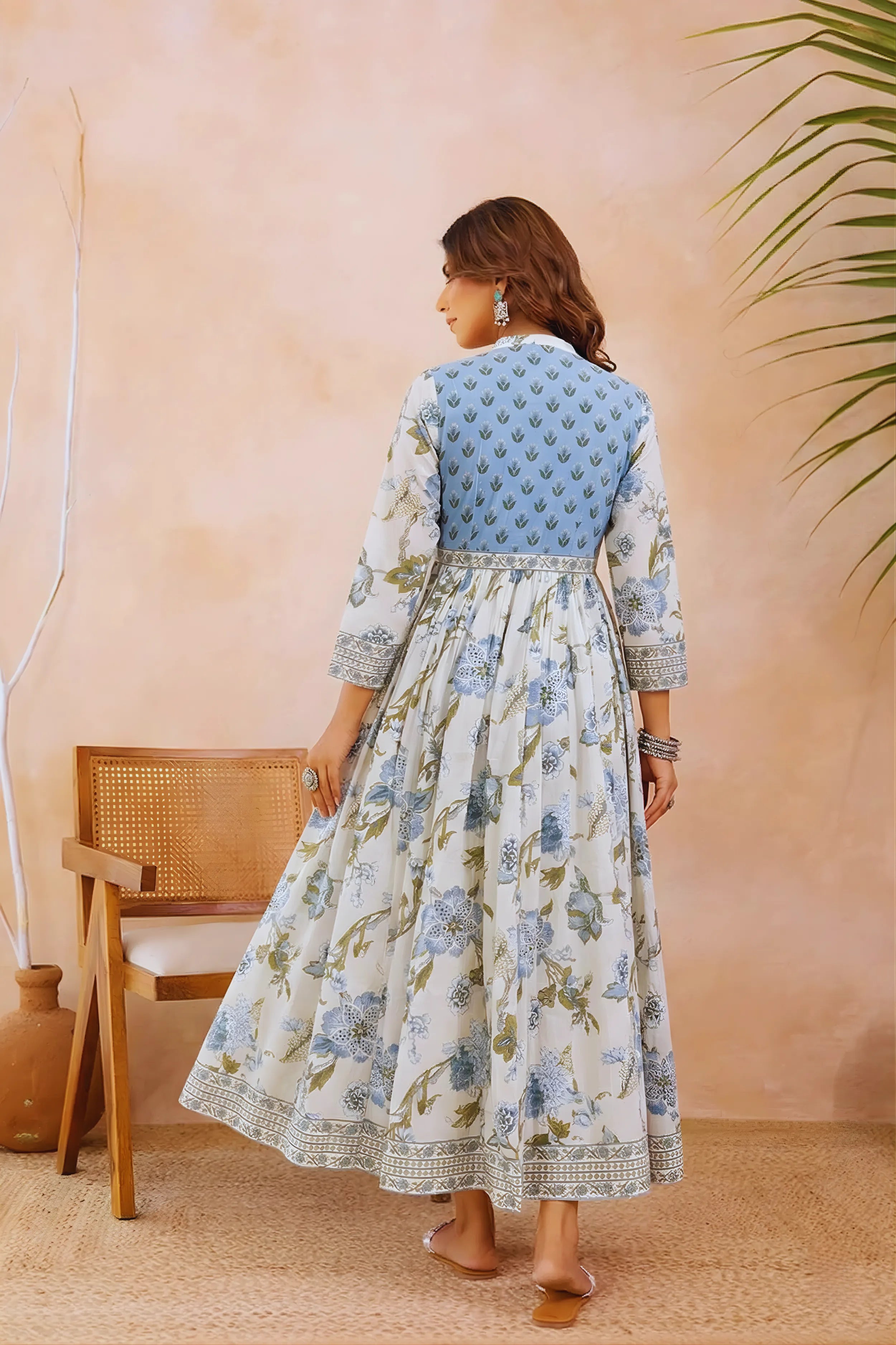 Sky Blue Anarkali Cotton Hand Block Printed Ethnic Maxi Dress
