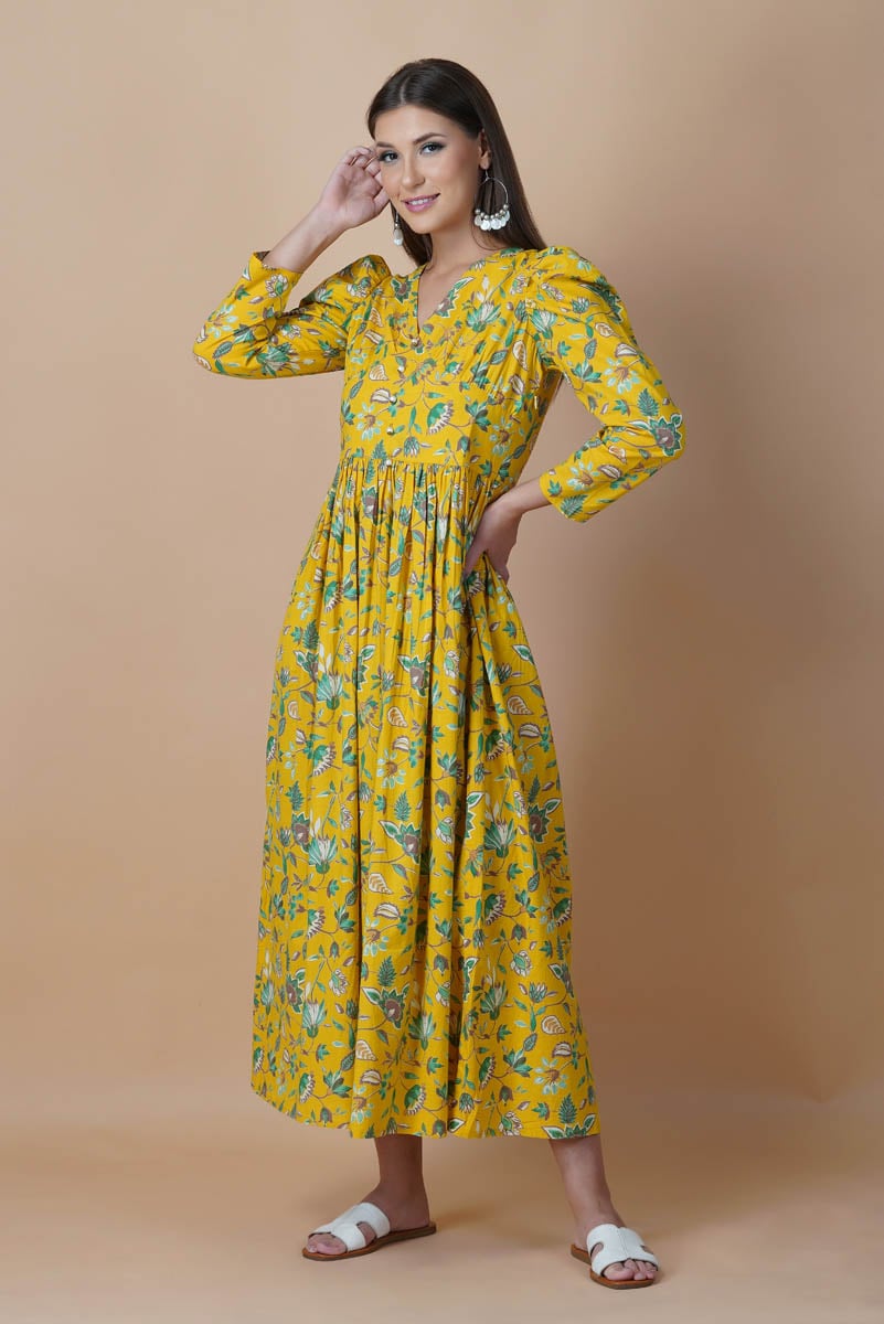 Yellow Floral Hand Printed V-Neck Dress With Gathered Shoulder