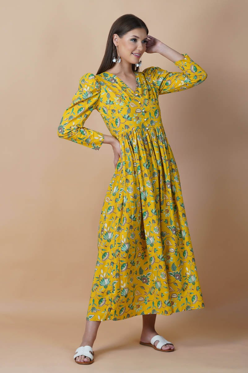 Yellow Floral Hand Printed V-Neck Dress With Gathered Shoulder