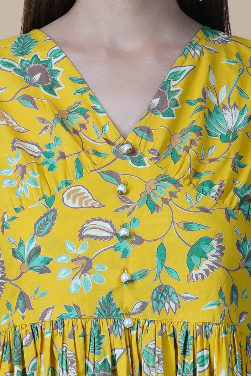 Yellow Floral Hand Printed V-Neck Dress With Gathered Shoulder