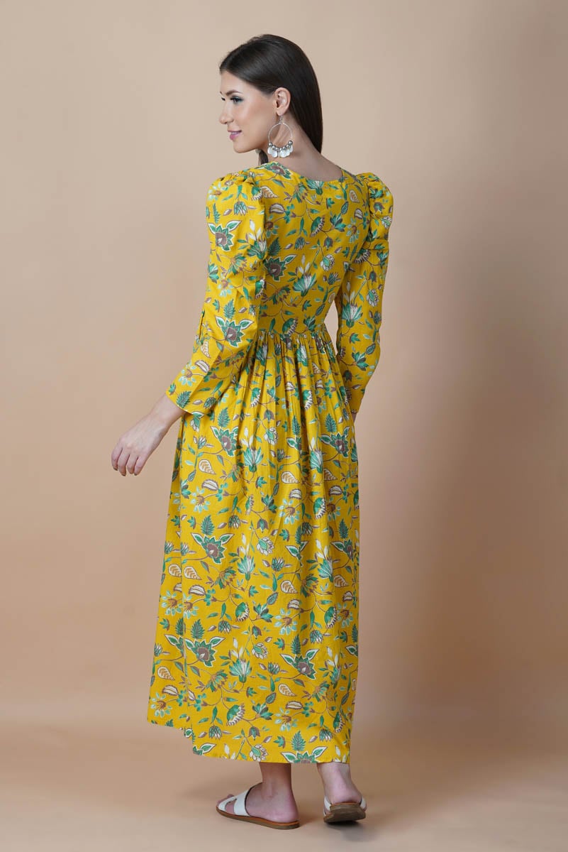 Yellow Floral Hand Printed V-Neck Dress With Gathered Shoulder