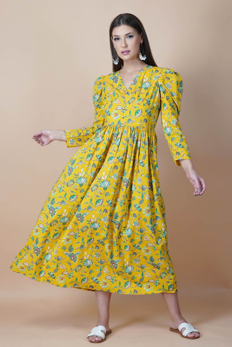 Yellow Floral Hand Printed V-Neck Dress With Gathered Shoulder