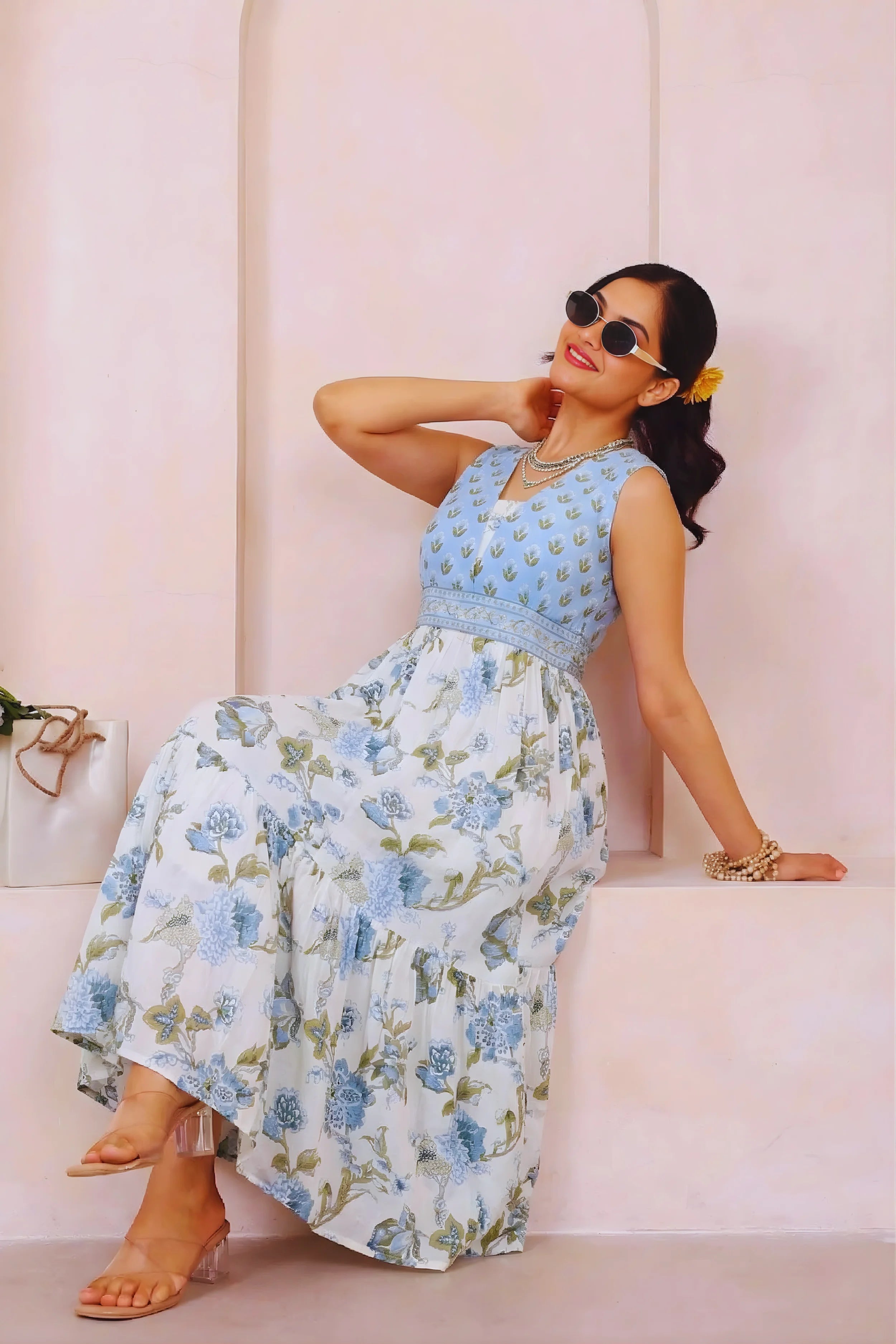 Light Blue Floral Hand Printed Cotton Sleeveless Dress