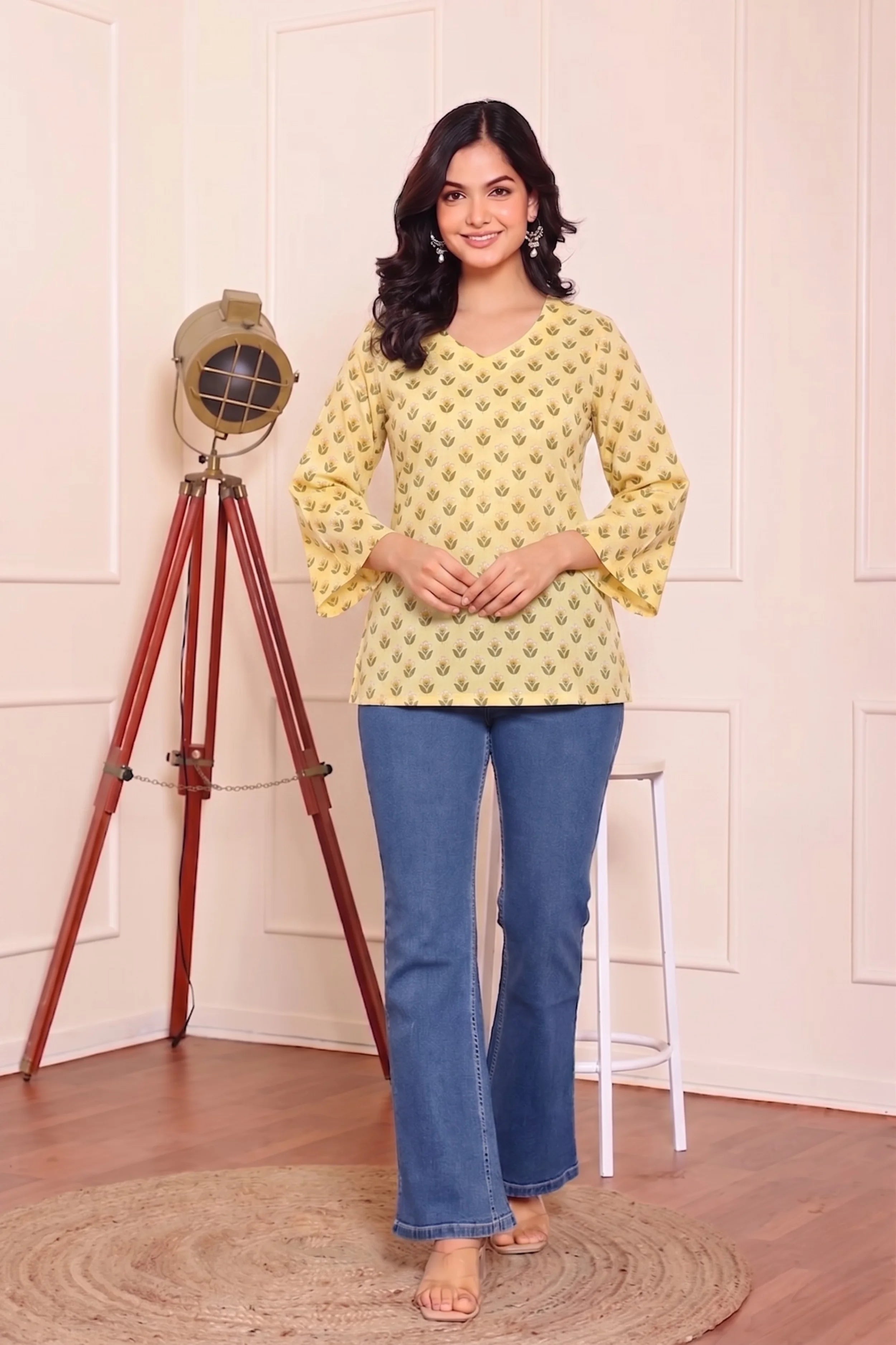 Yellow Hand Printed Short Kurti