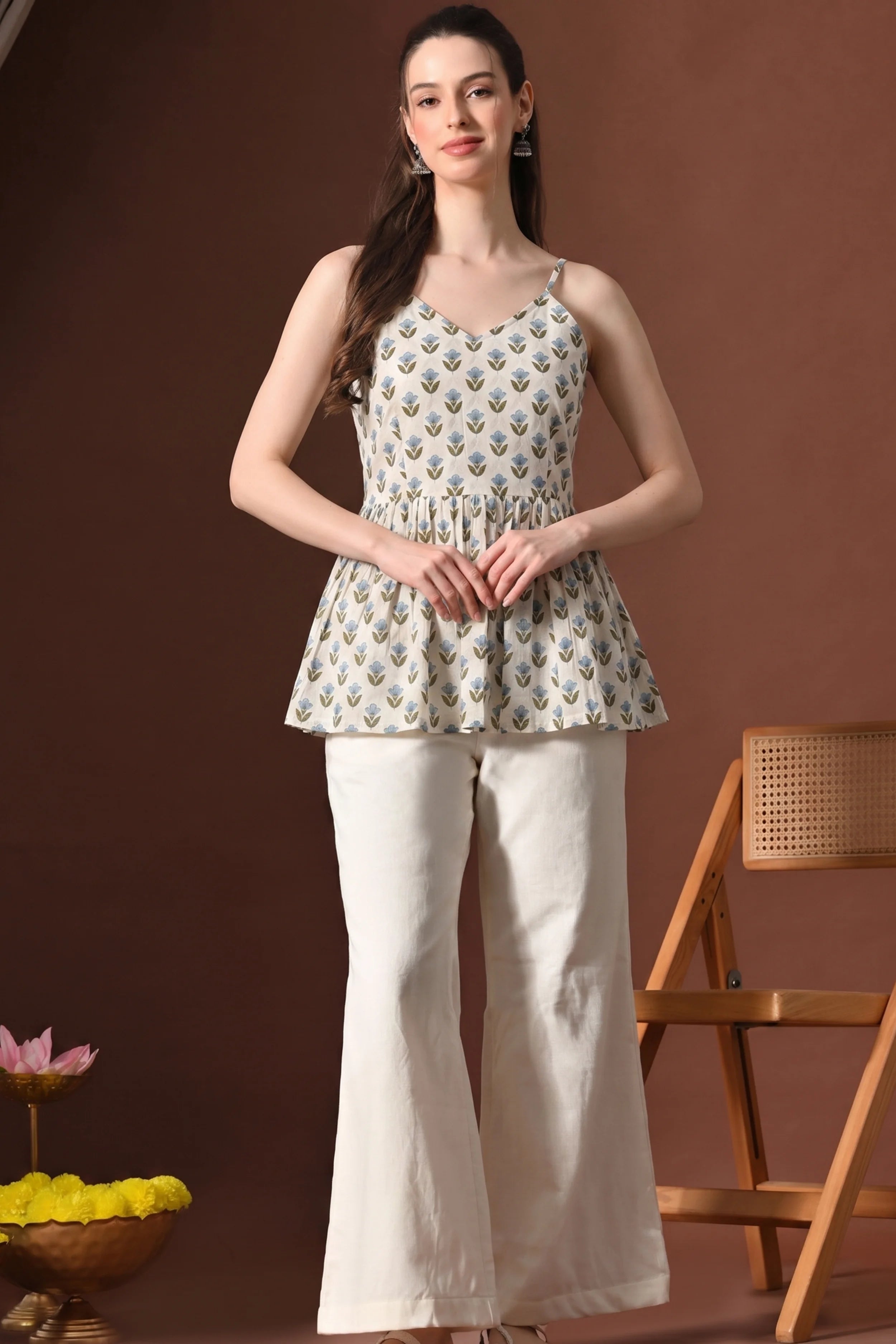 Blue Floral Hand Printed Cotton Spaghetti Top with Lining