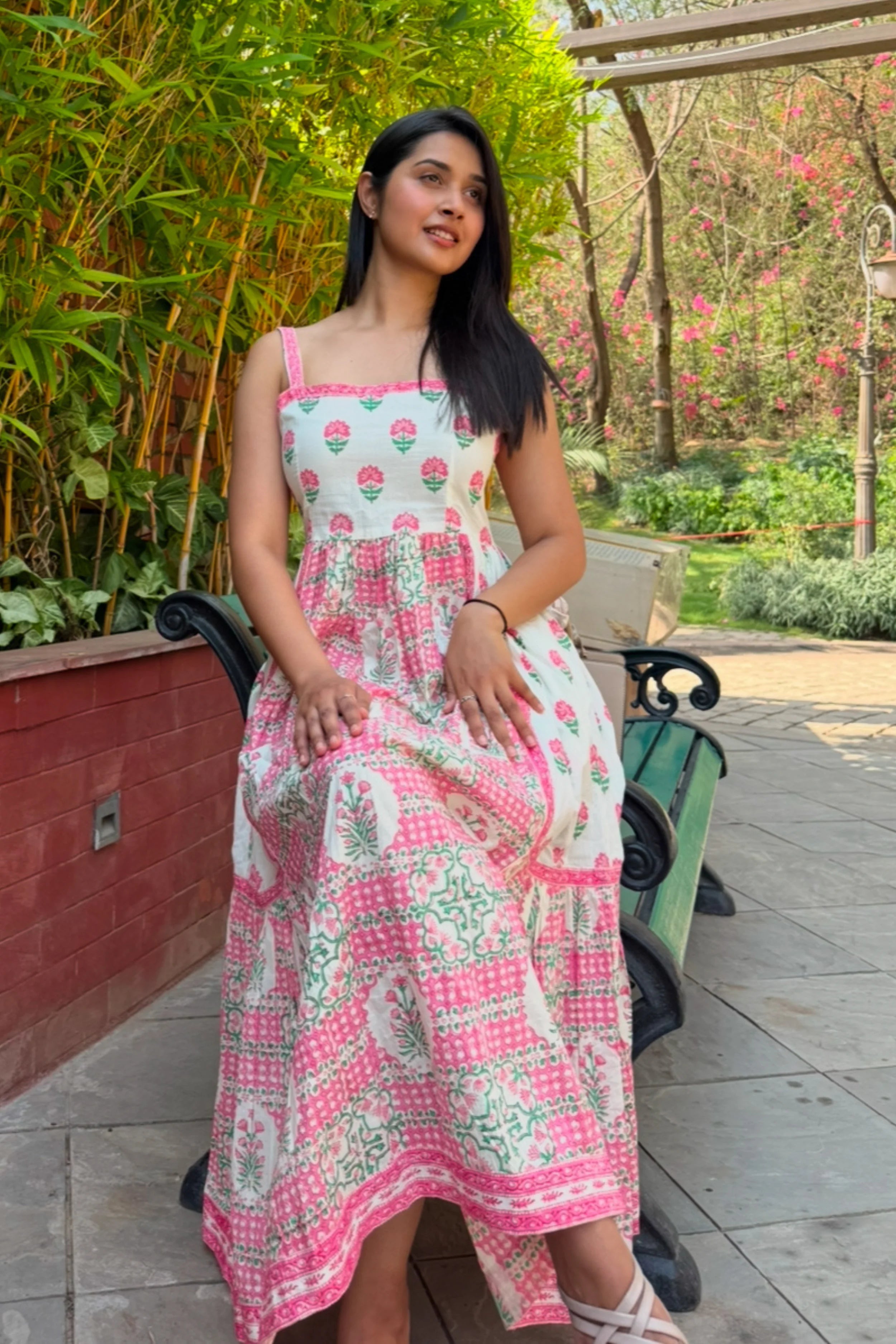 Light Pink Hand Block Floral Printed Sleeveless Tiered Midi Dress