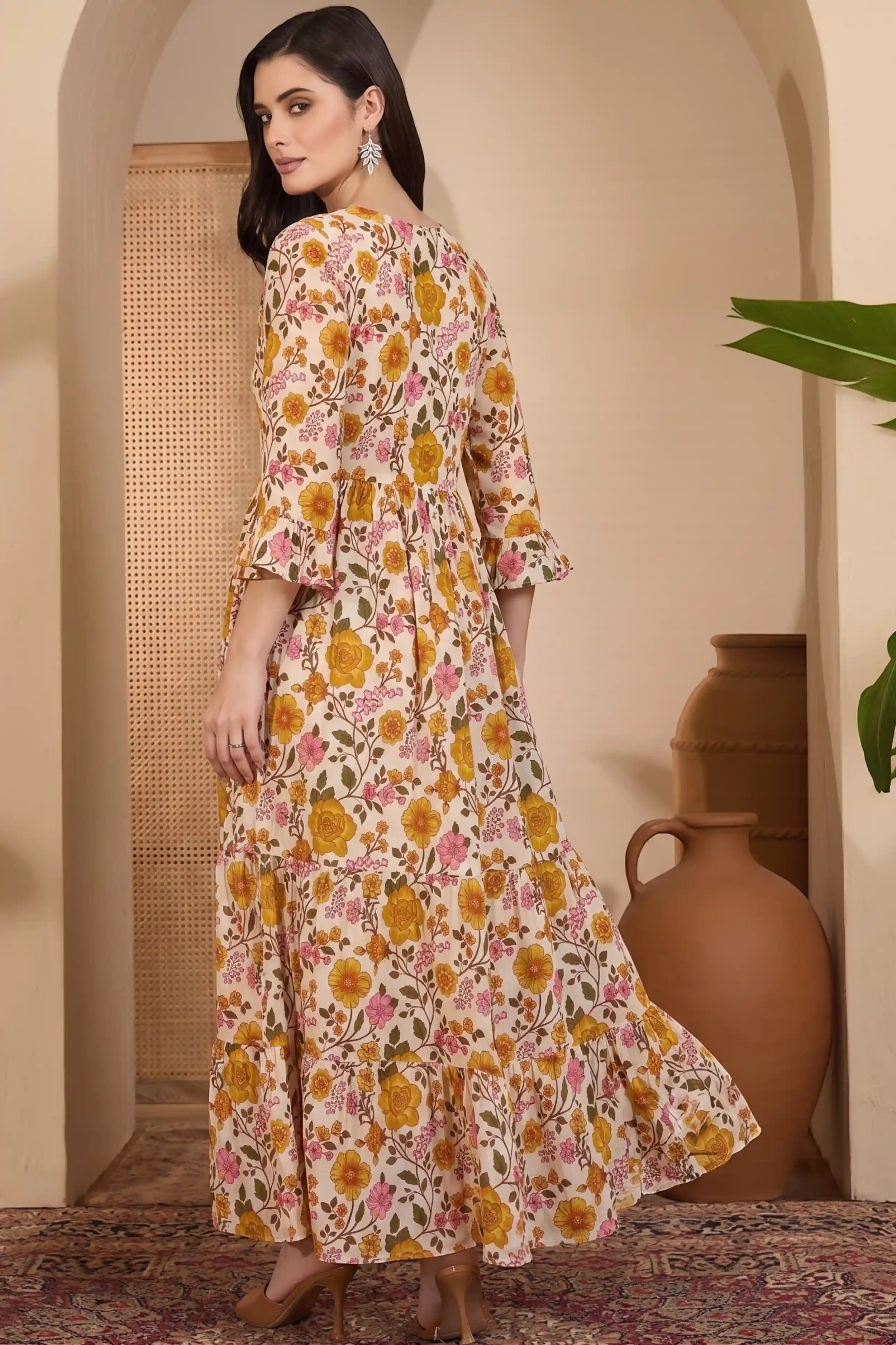Yellow Long Printed Tired Dress With Gather