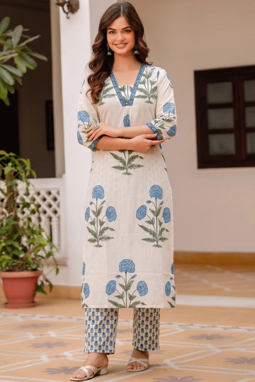 Blue V-neck Mughal Print Kurta Set (2pcs)