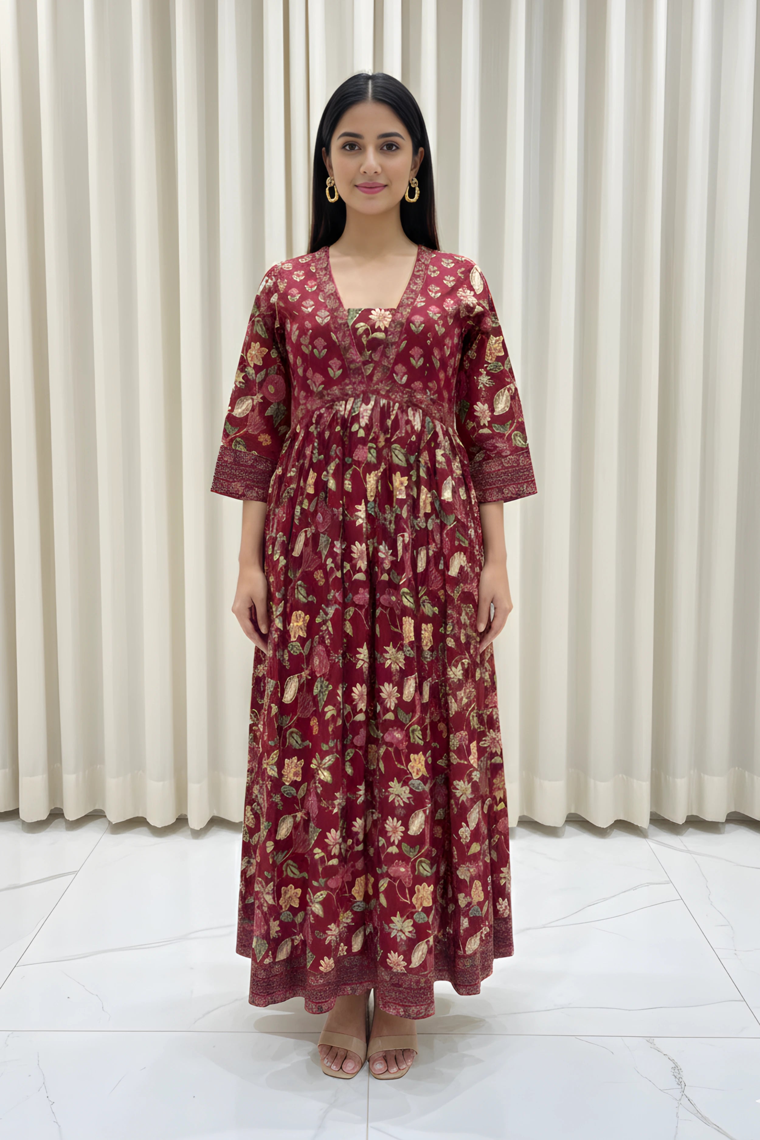Wine Flared Anarkali Cotton Kurta with Floral Print