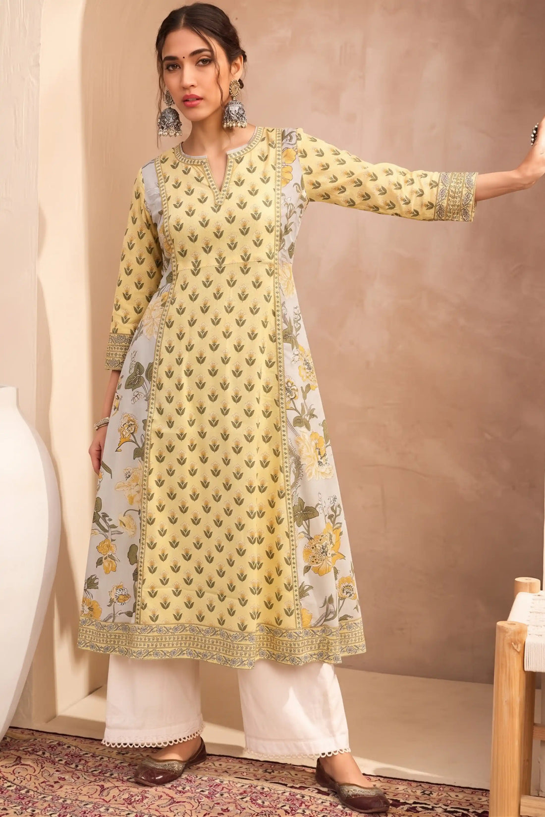 Light Yellow Hand Printed A-line Kurta