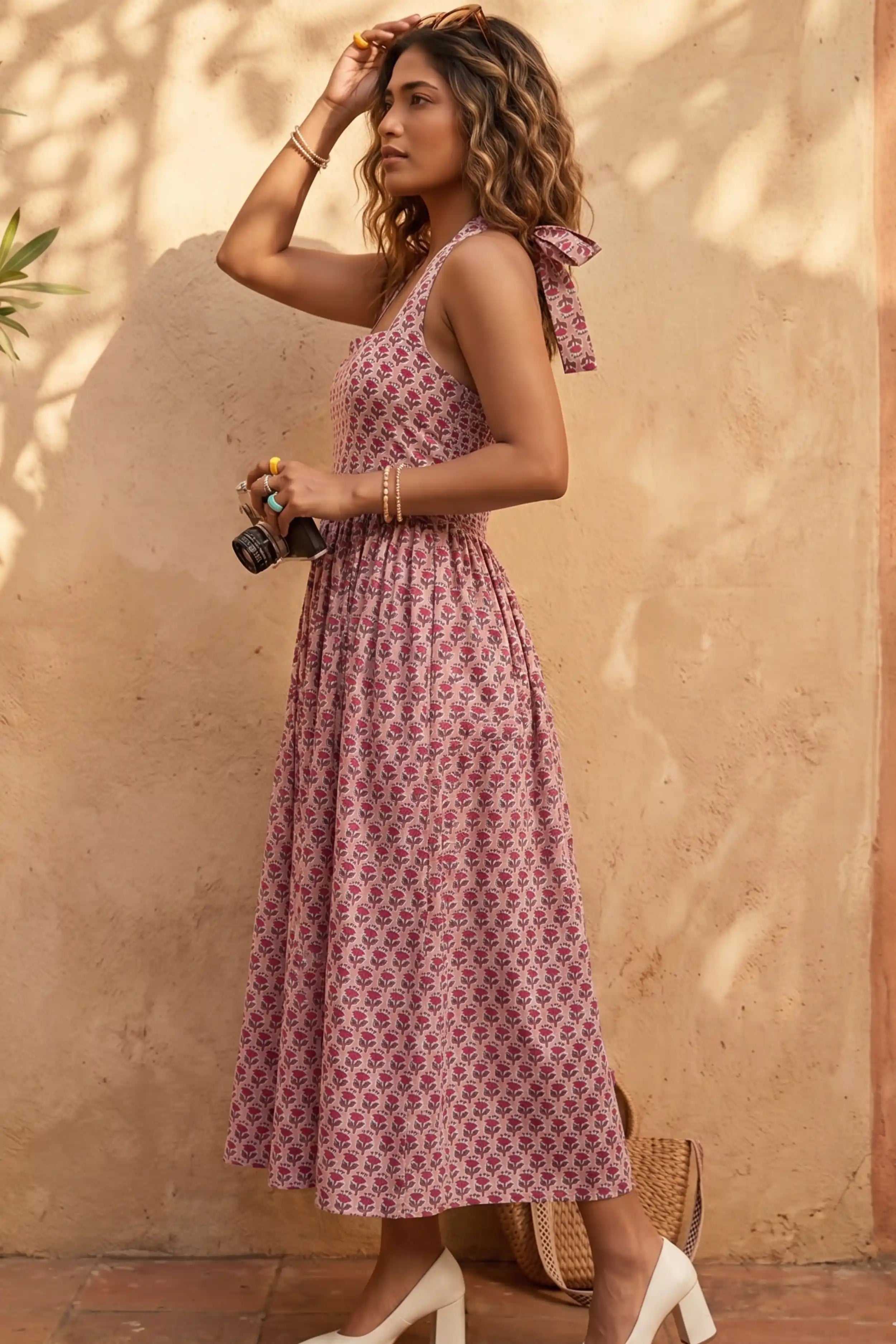 Dusty Rose Hand-Block Print Halter Neck Midi Dress