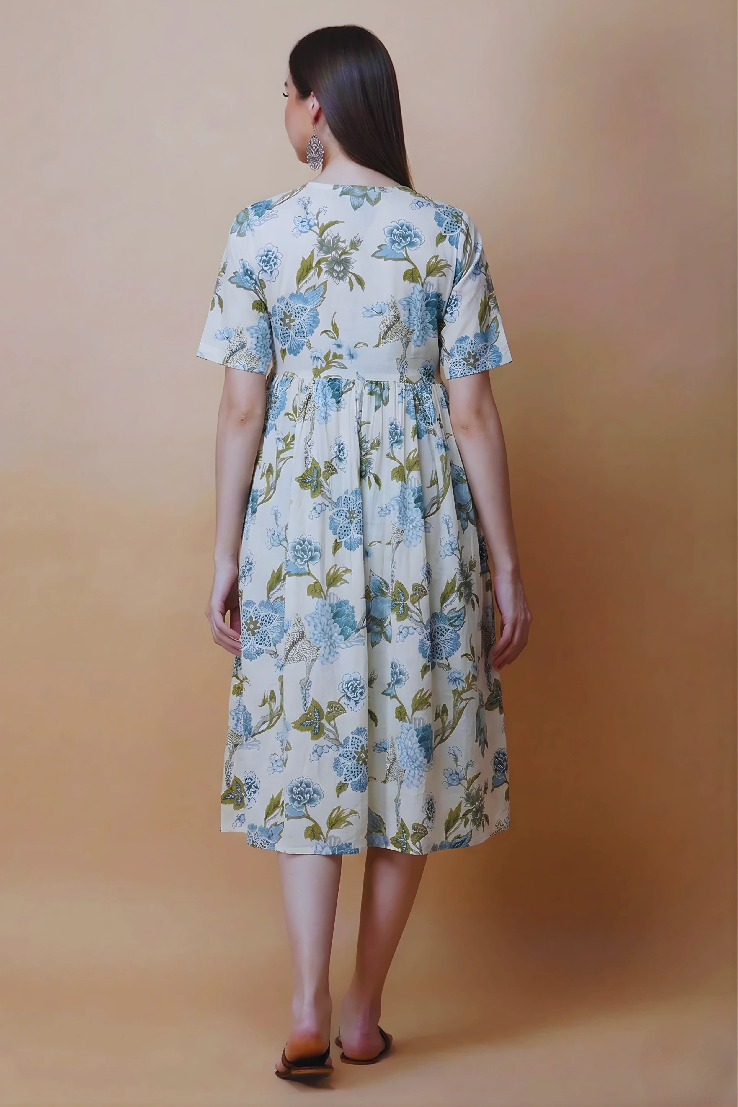 Blue Hand Printed V-Neck Midi Dress In Angrakha style