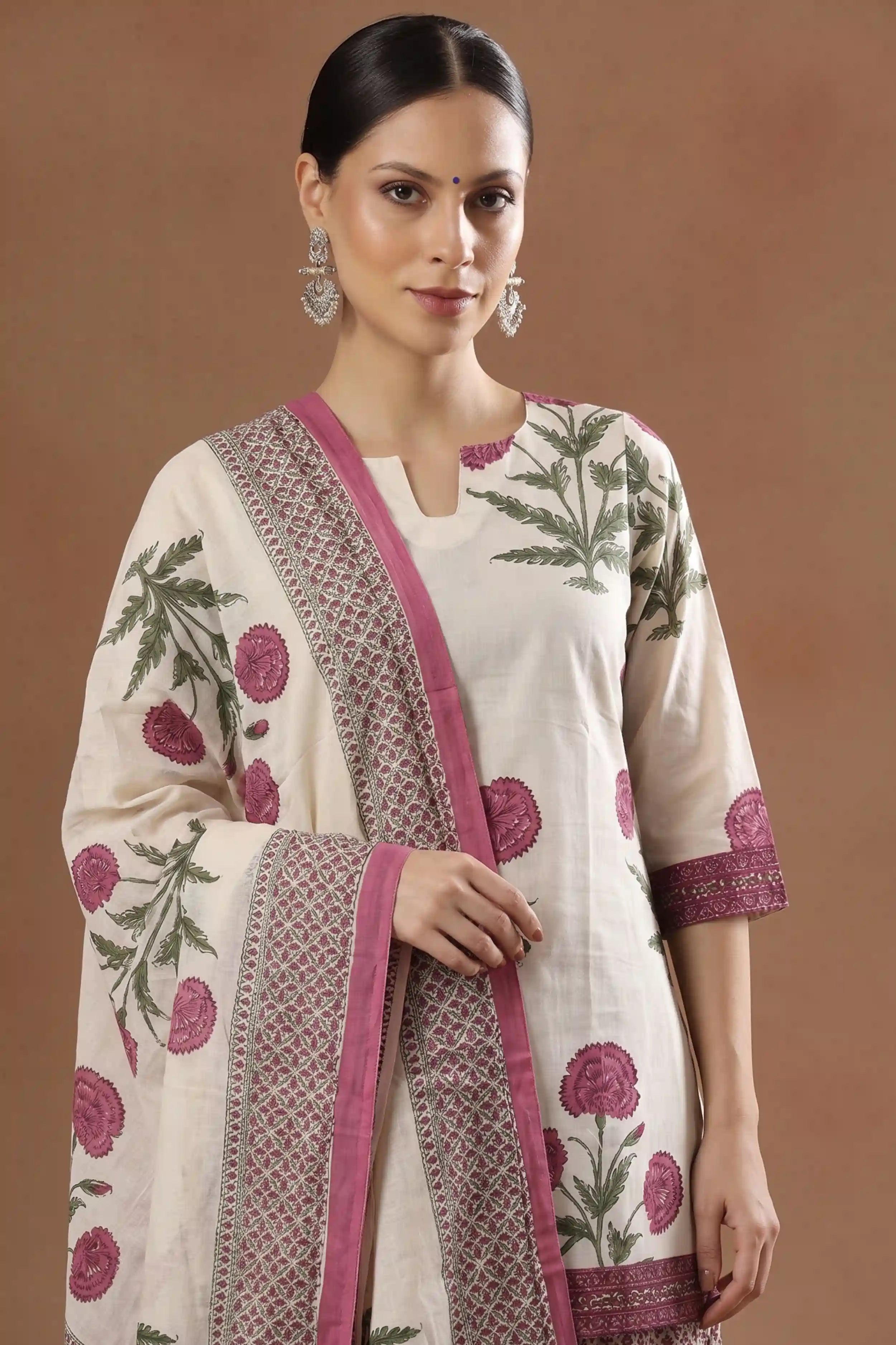 Pink Floral Print Pure Cotton Farsi Salwar Set With Cotton Dupatta