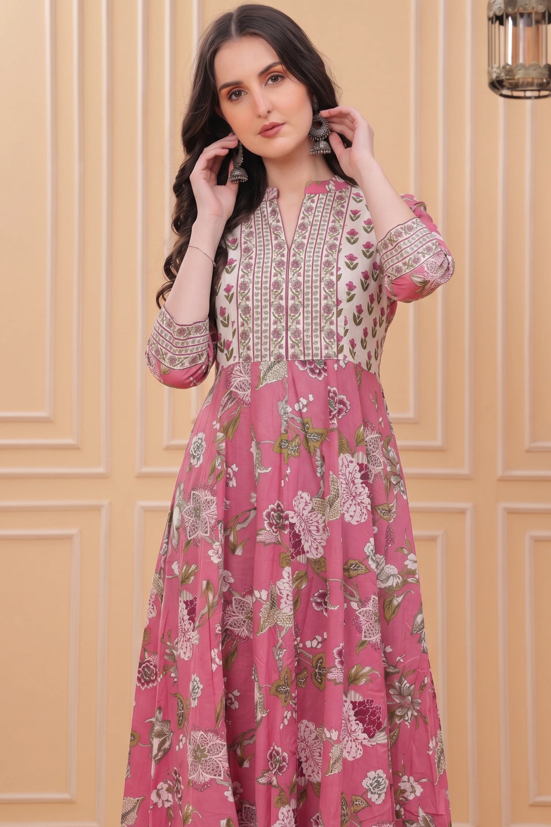 Pink Floral Hand Printed Anarkali Maxi Dress