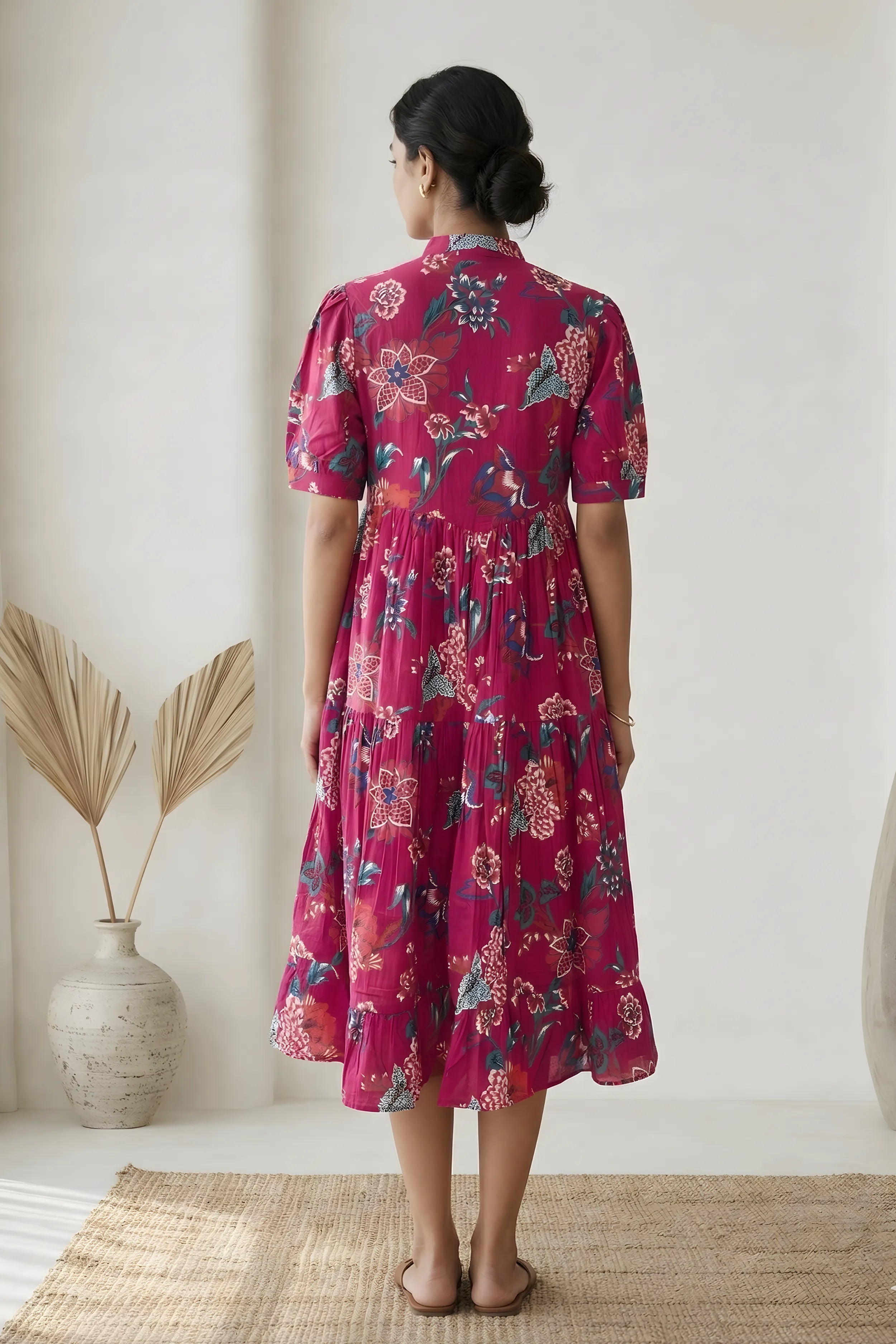 Pink Floral Printed Tiered Fit & Flare Cinderella Dress