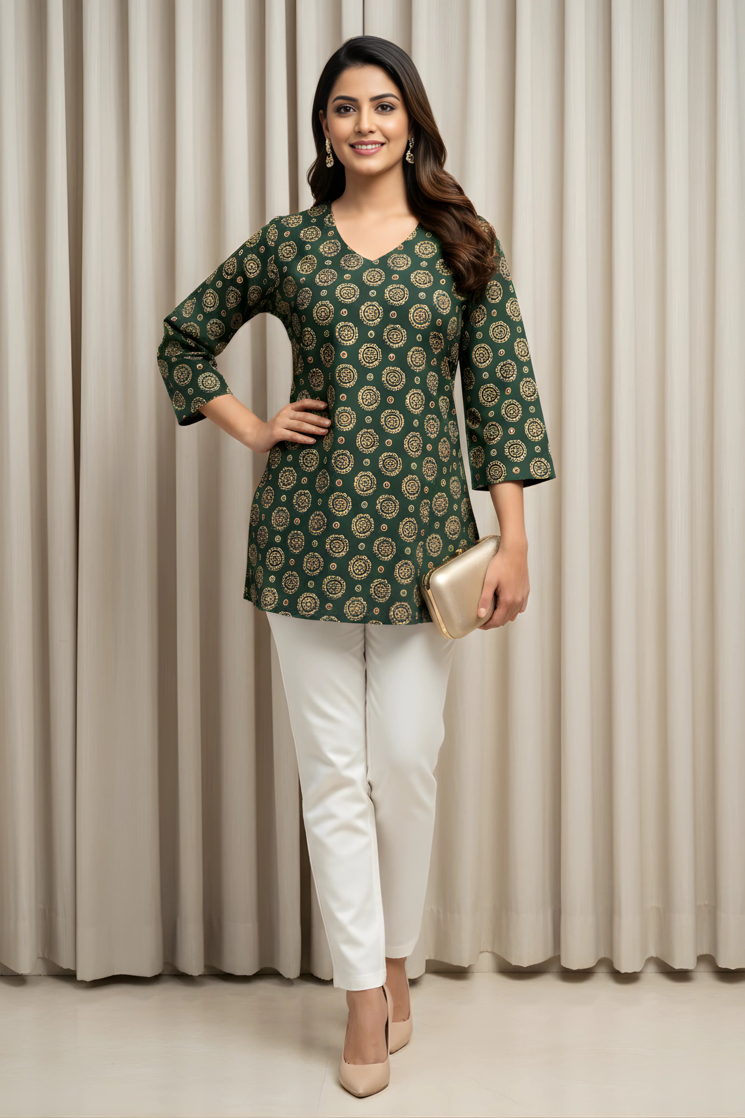 Green Hand Printed Short Kurti